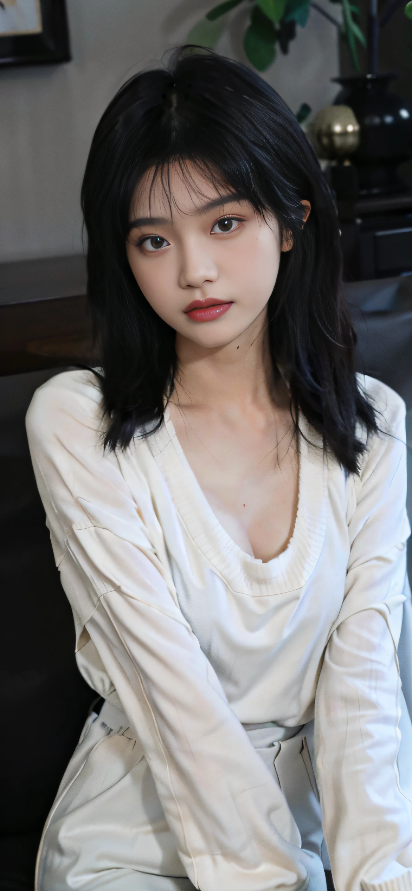 Kim Ji-ni Jennie face,sitting in the couch((with whole body visible)) She's slim,petite,being thin,(flatchest)She stared at the audience。She wears a black ponytail。 White sheer knit,cleavage,Sweaters,grey sweatpants, The camera focuses on her face,light shining on face,Very large aperture,((f/1.2)),with a shallow depth of field,The background lens is blurry strongly,ISO 3000,automatic white balance, best qualtiy, tmasterpiece, Award-winning photography, hugefilesize, 8k, A high resolution, Shot on a Sony DSLR。