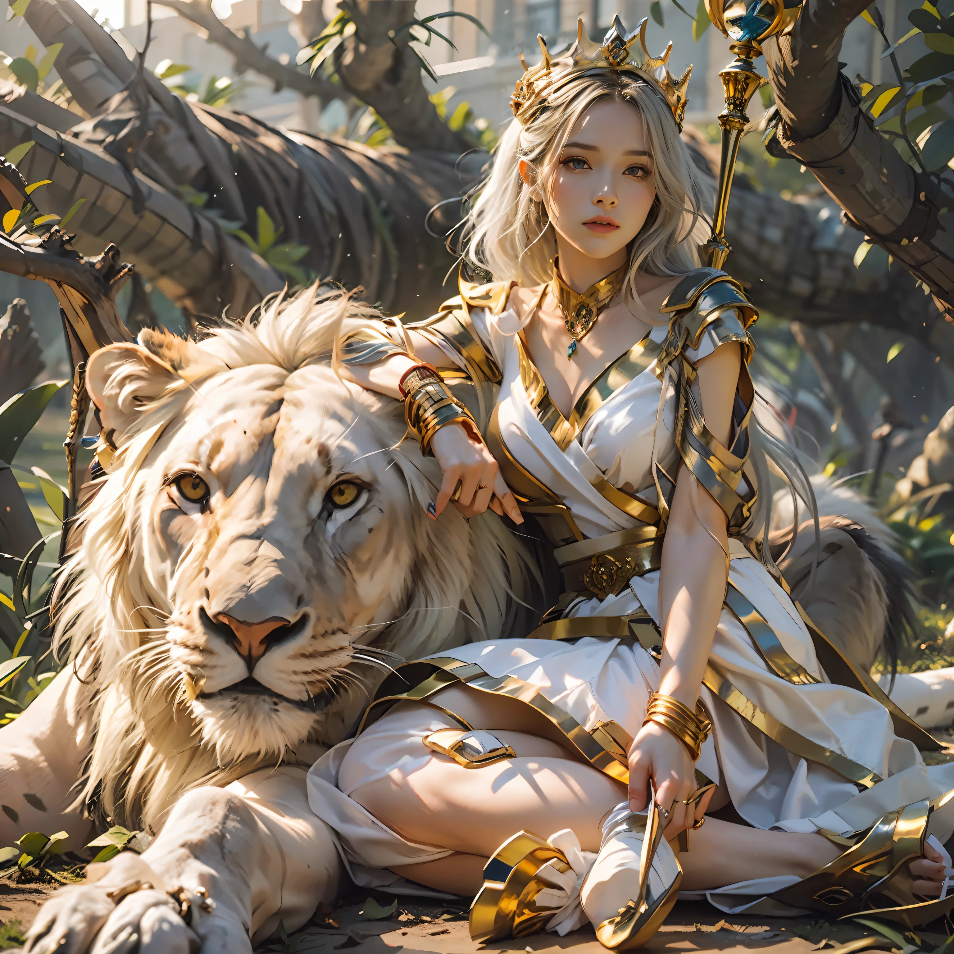 A beautiful female high school student, old,(Wear a Japanese white high school uniform:1.5),(A huge white male lion lies next to the woman:2) ,(Endless green African savannah:2),(The woman sits on the king's golden throne:1.2),(Long flowing silver-white hair flowing),The whole body glows,gazing at the camera,(The woman holds a golden scepter:2),(Front focus),Fantasyart,Piece realistic,动态照明,art stations,poster for,Volumetriclighting,Very detailed faces,16 k,Award-Awarded