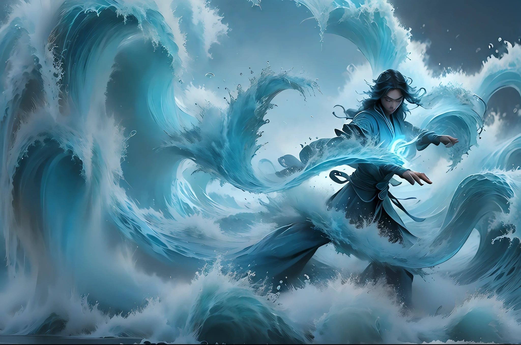(masterpiece won,best quality),((Poseidon gracefully controls the cascading waves with his mighty trident)):1,8, showing off his divine strength and mastery over the mighty ocean,full body,RAW photo