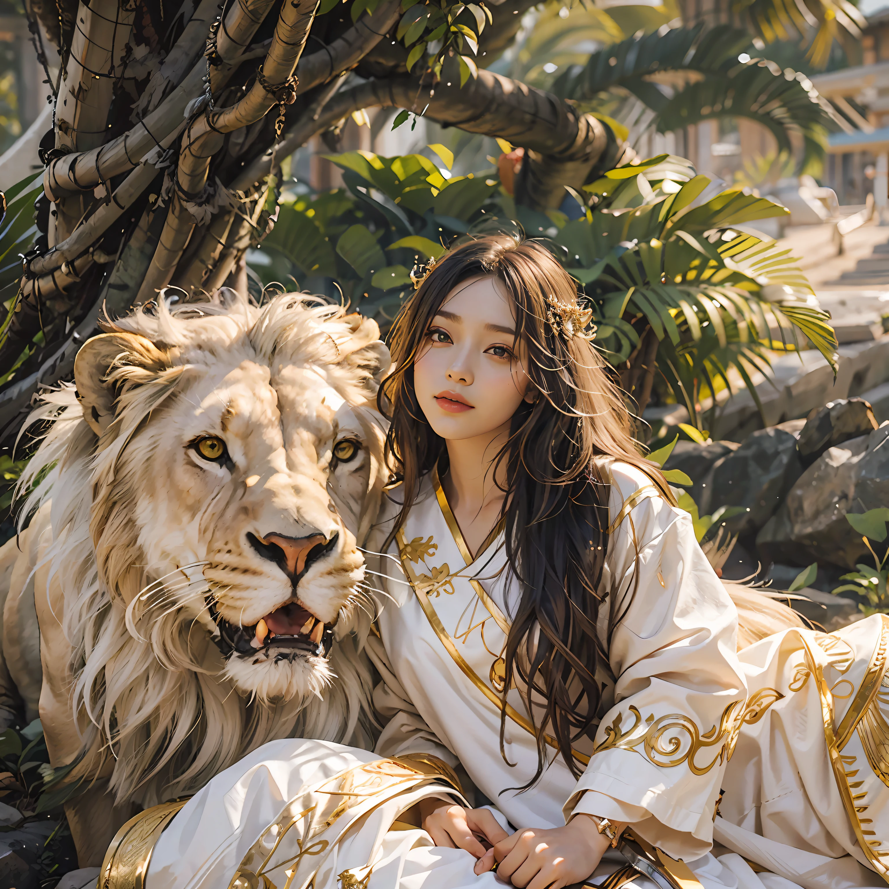 A beautiful female high school student,16 yaers old,(Wear a Japanese white high school uniform:1.5),(A huge white male lion lies next to the woman:2) ,(Endless green African savannah:2),(The woman sits on the king's golden throne:1.2),(Long flowing silver-white hair flowing),The whole body glows,gazing at the camera,(The woman holds a golden scepter:2),(Front focus),Fantasyart,Piece realistic,动态照明,art stations,poster for,Volumetriclighting,Very detailed faces,16 k,Award-Awarded