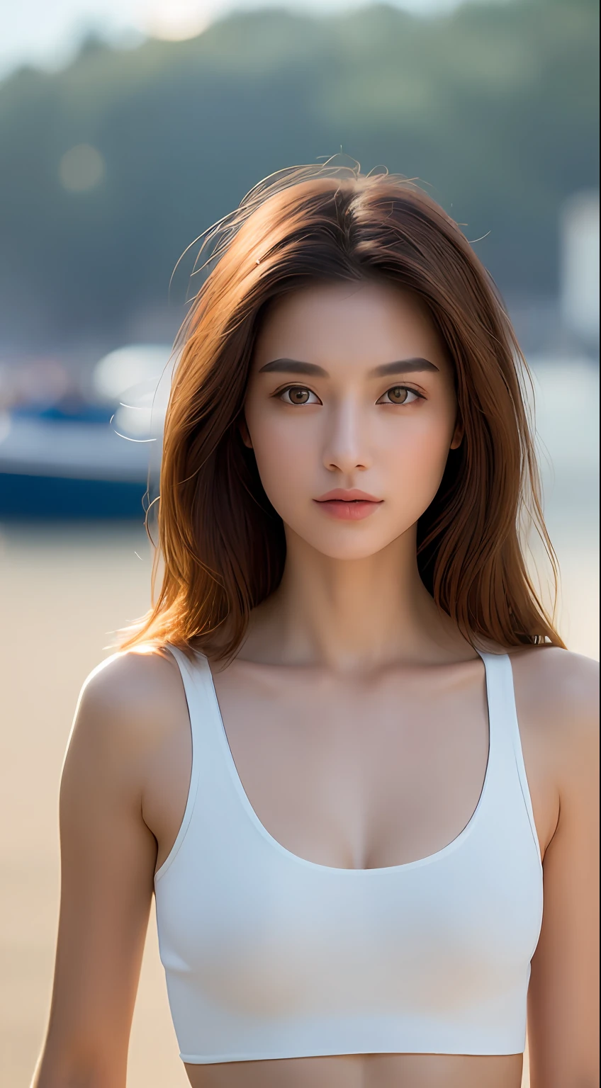 ((Realistic lighting, Best quality, 8K, Masterpiece:1.3)), Focus:1.2, 1girl, Perfect Figure:1.4, Slim Abs:1.1, ((Dark Brown Hair)), (White Crop Top: 1.4), (Outdoor, Seaside: 1.1), City Street, Super Fine Face, Fine Eyes, Double Eyelids,