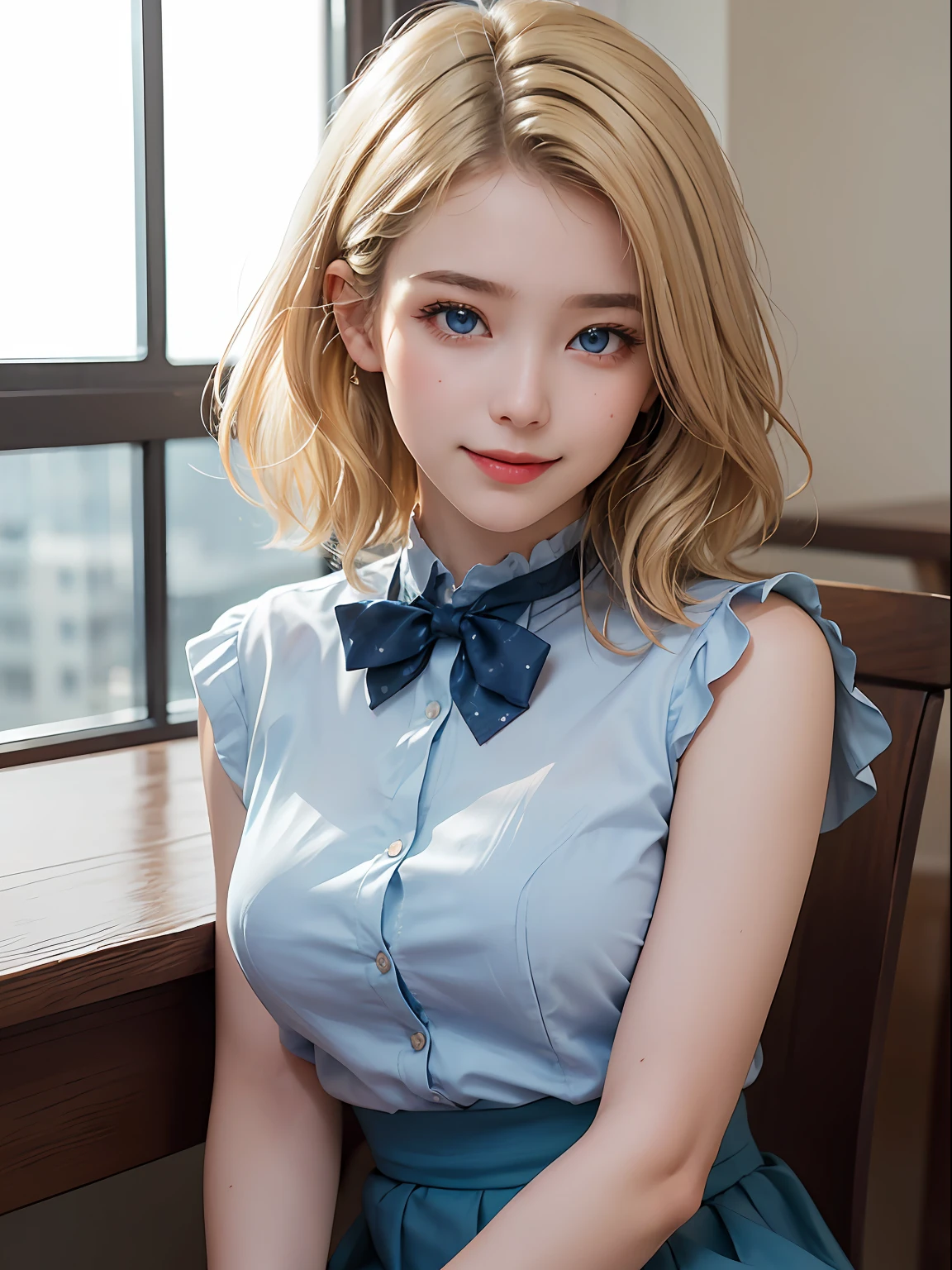 (8K、Raw photography、top-quality、masterpiece:1.2)、(realisitic、Photorealsitic:1.37)、ultra-detailliert、
1 girl in、cute little、((a 14 year old girl:1.4)),独奏、((a blond,Blue eyes:1.3)),Beautiful detailed sky、Detailed Cafe、natta、sitting on、date、(blush of the nose)、(A smile:1.1)、(Mouth closed)、seducting smile、large aparture、profetional lighting、Sony A7R4、Zessie 50mm f1.8、
medium breasts、Beautiful Detail Eye、(shirt with collar:1.1)、a bow tie、pleatedskirt、(short-hair:1.2)、Floating hair
