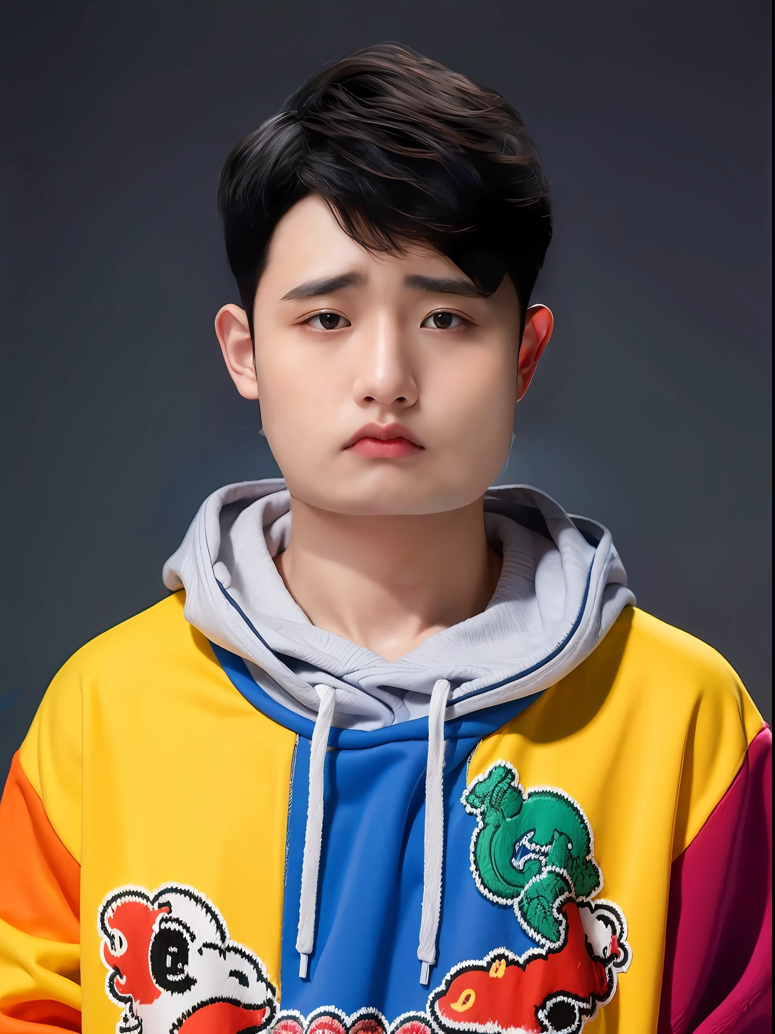Chinese male high school student,Wear colorful casual sweatshirts,wearing hat,
