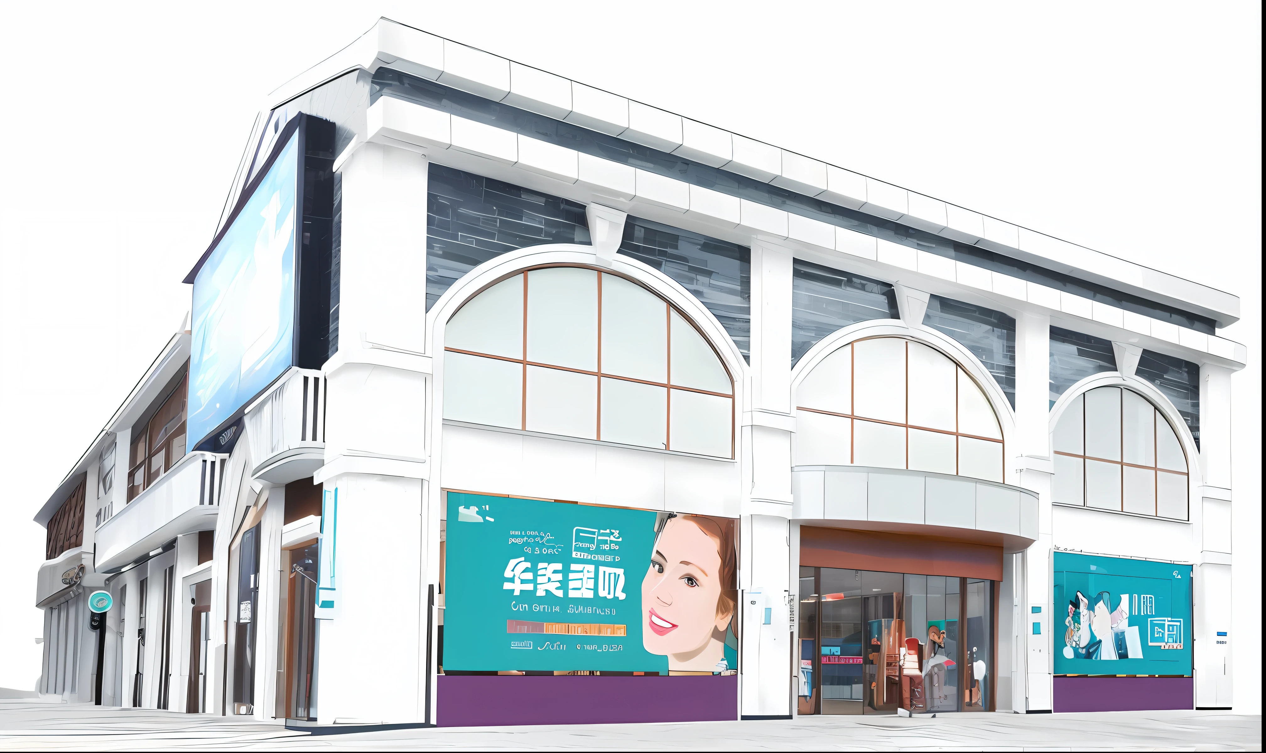 There is a building，official store photo, Shop front,Shop front, up front view,frontage, The future of technology，Technological buildings，ultra-realistic realism，concept-art，blue backdrop，The future of technology，Background of scientific and technological architecture，