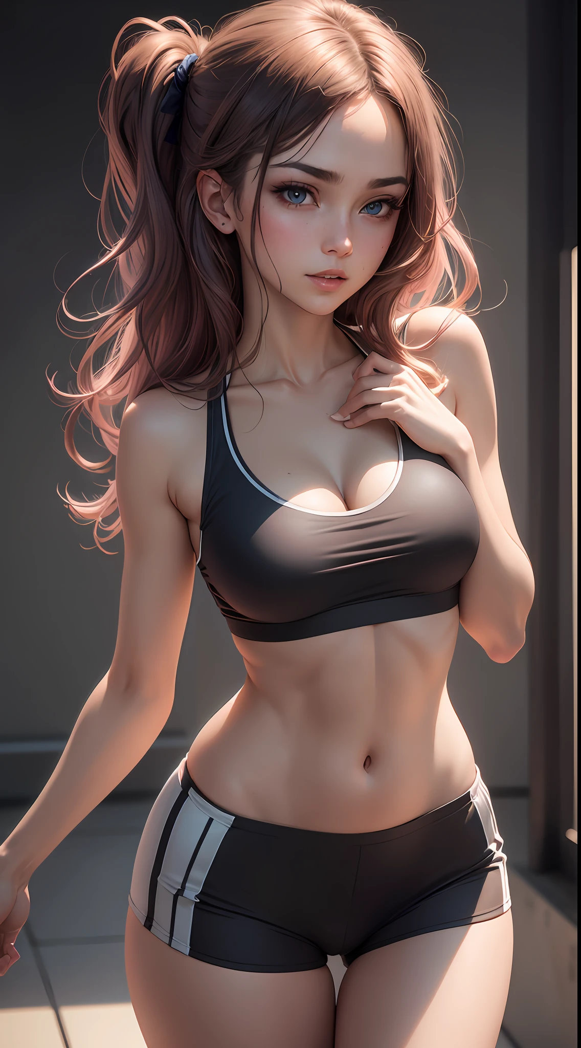 arurinh, (blushing)) ((blushing)), waist up, aberdes, long straight lift hair, dynamic pose, modelshoot: photoshoot, HD, high contrast, sharp image, mastery, mouth closed, balanced eyes, CG render, small skull, clavicle detail, (best quality detail: 1.2), realistic, 8K ultra-fine, high quality texture, fine texture, fine detail, high detail, extremely detailed CG, high quality shadows, beautiful and delicate eyes, freedom, beautiful woman, smaller breasts, tall, blurred background, lime-colored gym clothes,