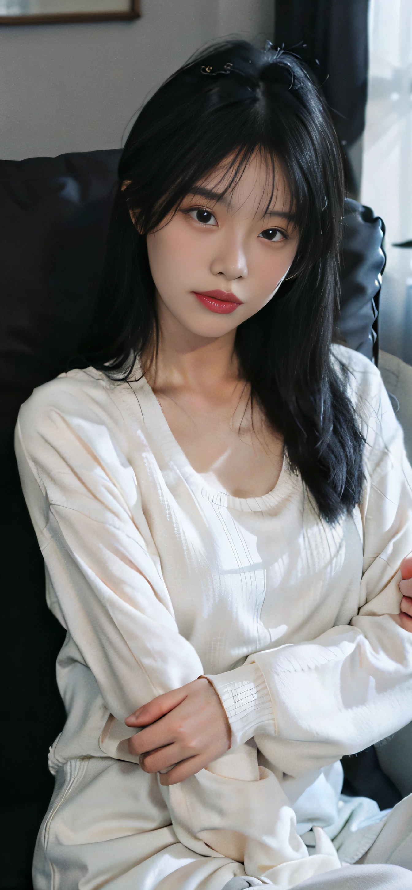 Kim Ji-ni Jennie face,sitting in the couch((with whole body visible)) She's slim,petite,being thin,(flatchest)She stared at the audience。She wears a black ponytail。 White sheer knit,cleavage,Sweaters,grey sweatpants, The camera focuses on her face,light shining on face,Very large aperture,((f/1.2)),with a shallow depth of field,The background lens is blurry strongly,ISO 3000,automatic white balance, best qualtiy, tmasterpiece, Award-winning photography, hugefilesize, 8k, A high resolution, Shot on a Sony DSLR。