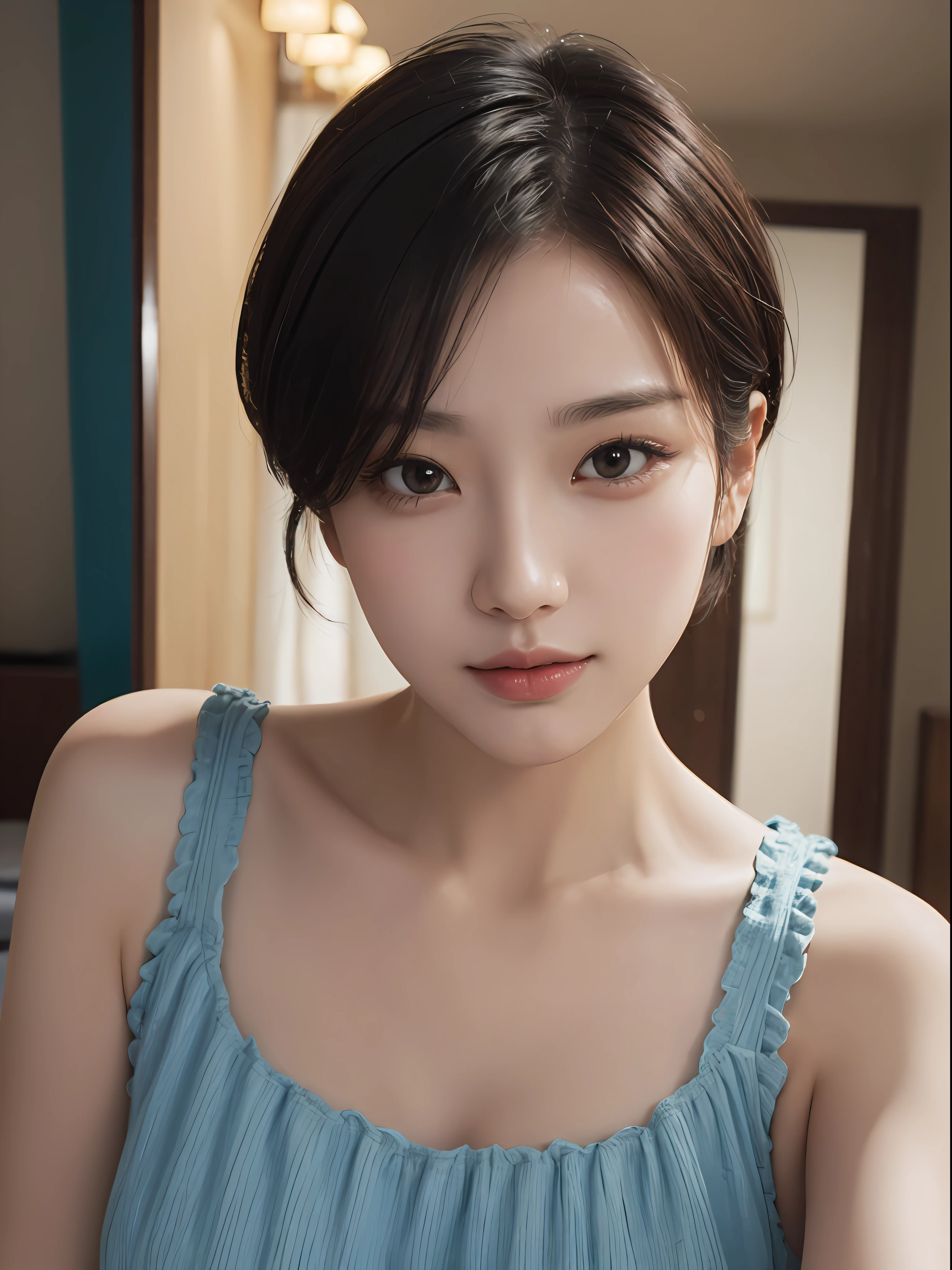 masterpiece、The highest image quality、hightquality、Beautuful Women、japanes、Popular Korean Makeup、detaileds、Swollen eyes、A detailed eye、Detailed skin、Beautiful skins、超A high resolution、(Realistis:1.4)、very extremely beautiful、Slightly younger face、Beautiful skins、thin-waist、(A hyper-realistic)、(illustratio)、(hight resolution)、(8K)、(ighly detailed)(The best illustrations)、(beautifully detailed eyes)、(ultra-detailliert)、(wall-paper)、(详细的脸)、looking at the viewers、fine detailed、 A detailed face、pureerosfaceace_v1、a smile、Looking straight ahead、photos realistic、Bright lighting、profetional lighting、Colorful hair color、(((very_short_hair)))、brightly lit room、painterly、picture frame