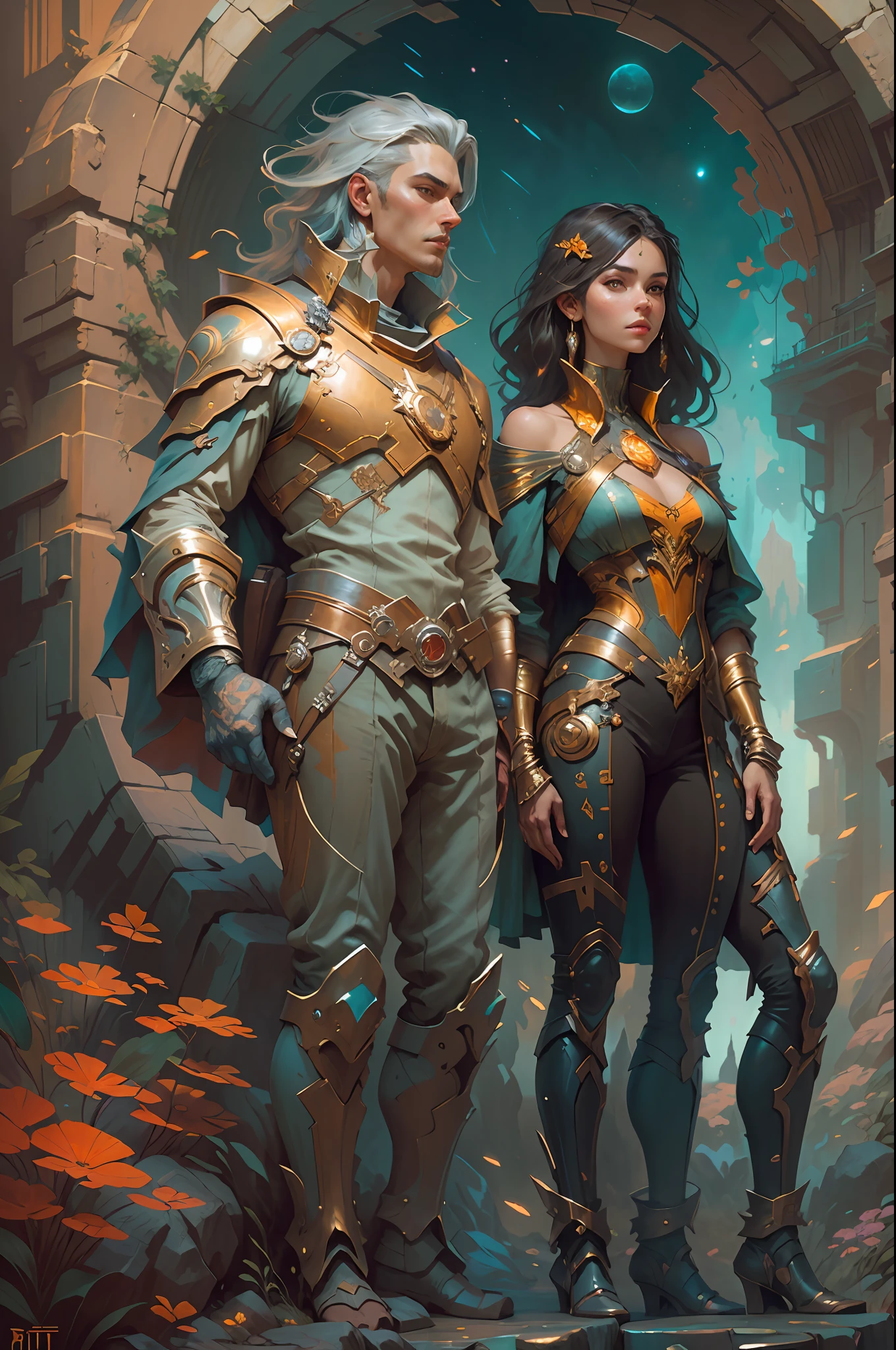 Portrait of a young handsome boy and a girl standing on marvelous stone, standing gitl:1.2, (Low contrast ), colorfantasystyle, Oil painting on matte canvas, sharp detailed, the expanse scifi spacescape ceres colony, Intricate, Highly detailed, Digital painting, plethora of colors, smooth, Sharp focus, illustration, Unreal Engine 5, 8K, art by artgerm and greg rutkowski and alphonse mucha , art by midjourney