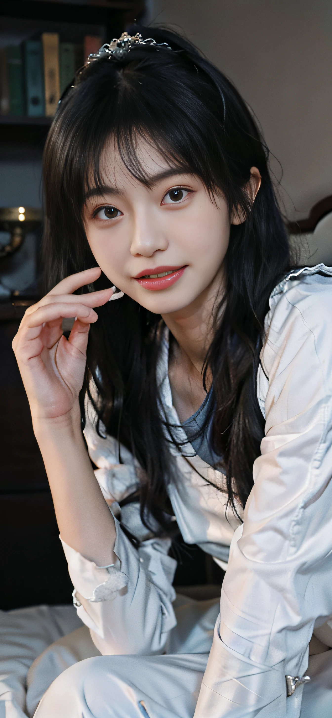 8K,ultra - detailed,physically-based renderingt,Kpop idol,Bedrooms,the night,Perfect skin,Raised sexy,make happy expressions,Intricate lace hair accessories,gentlesoftlighting,Best quality at best,little breast,jpn,Blue transparent sailor suit,Double ponytail hair,The hand looks at the camera from the bottom up,teardrop,and the tongue sticks out,