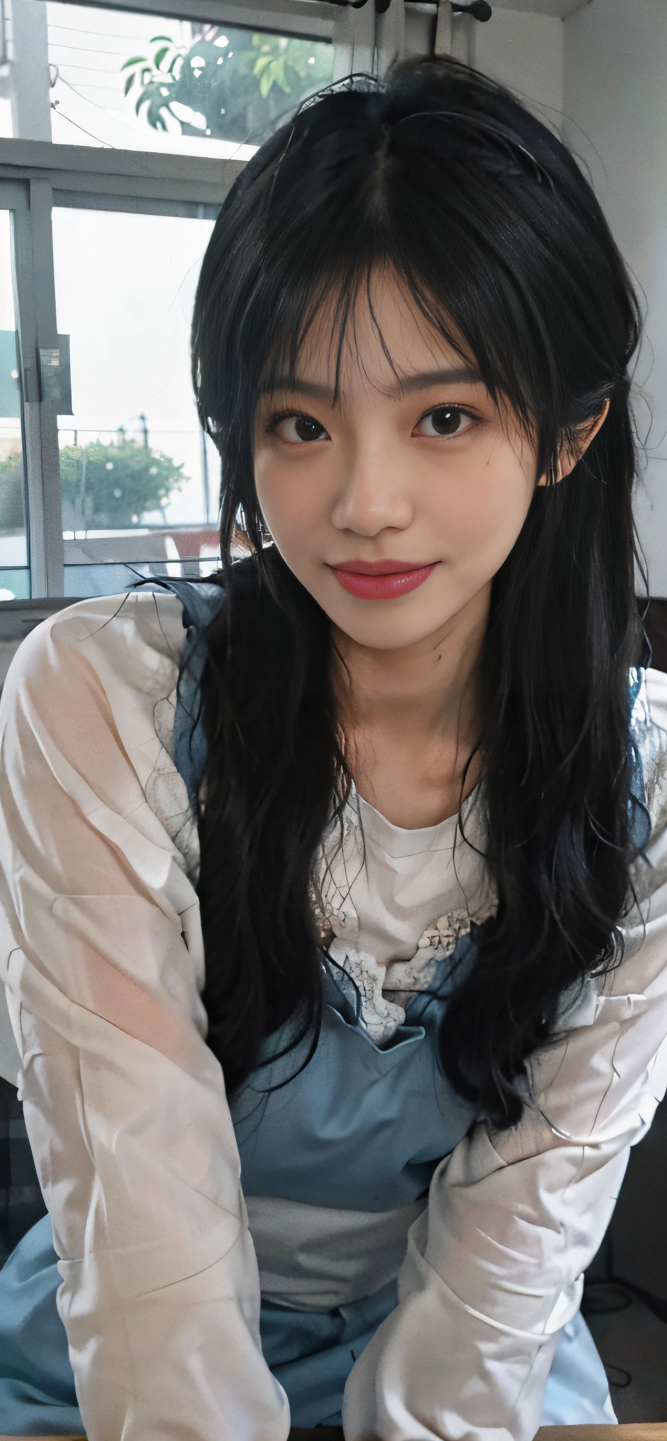 8K,ultra - detailed,physically-based renderingt,Kpop idol,Bedrooms,the night,Perfect skin,Raised sexy,make happy expressions,Intricate lace hair accessories,gentlesoftlighting,Best quality at best,little breast,jpn,Blue transparent sailor suit,Double ponytail hair,The hand looks at the camera from the bottom up,teardrop,and the tongue sticks out,