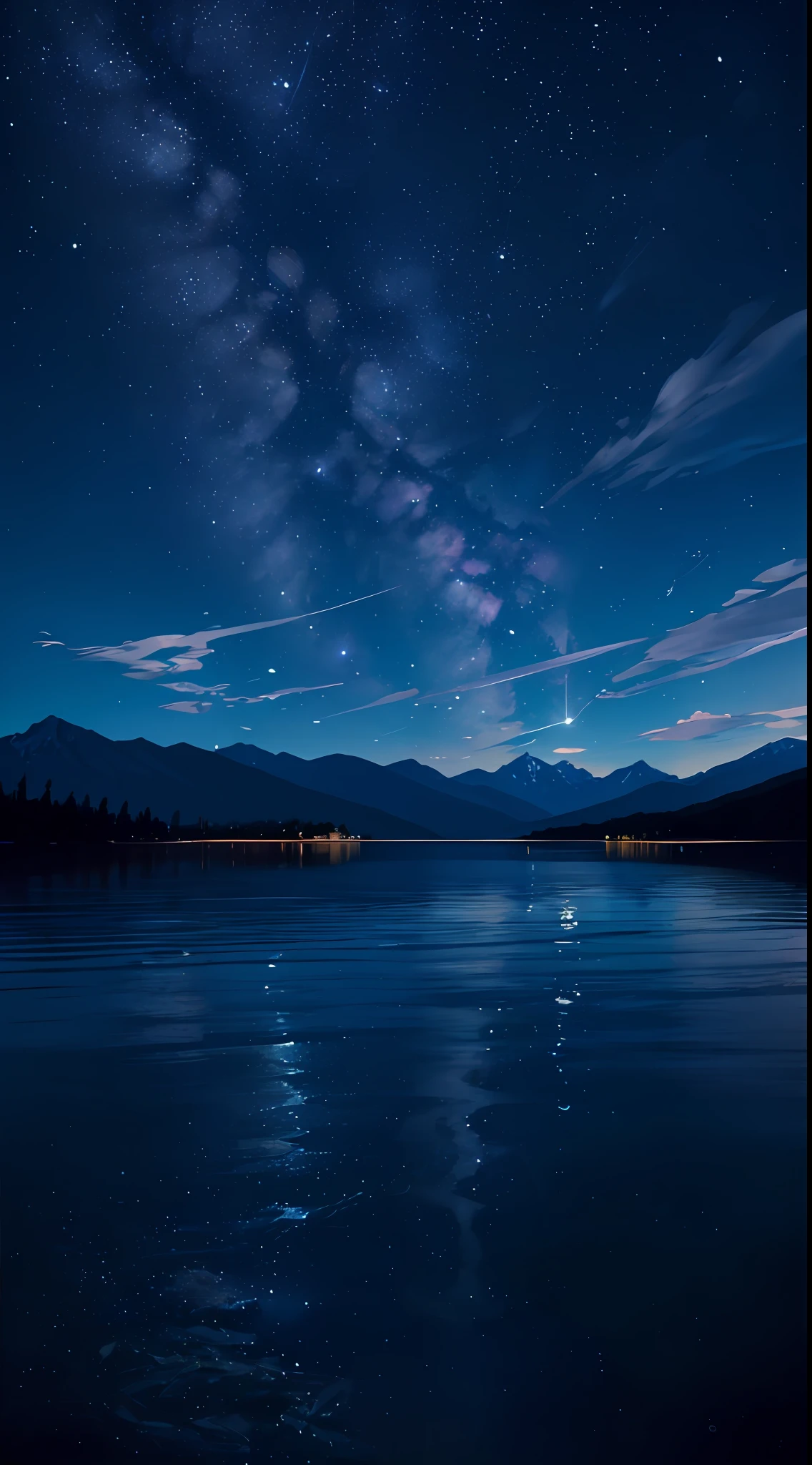 Lots of starry skies　Big lake　Stars reflecting off the lake　Big moon behind the mountains　Moon reflecting off the lake