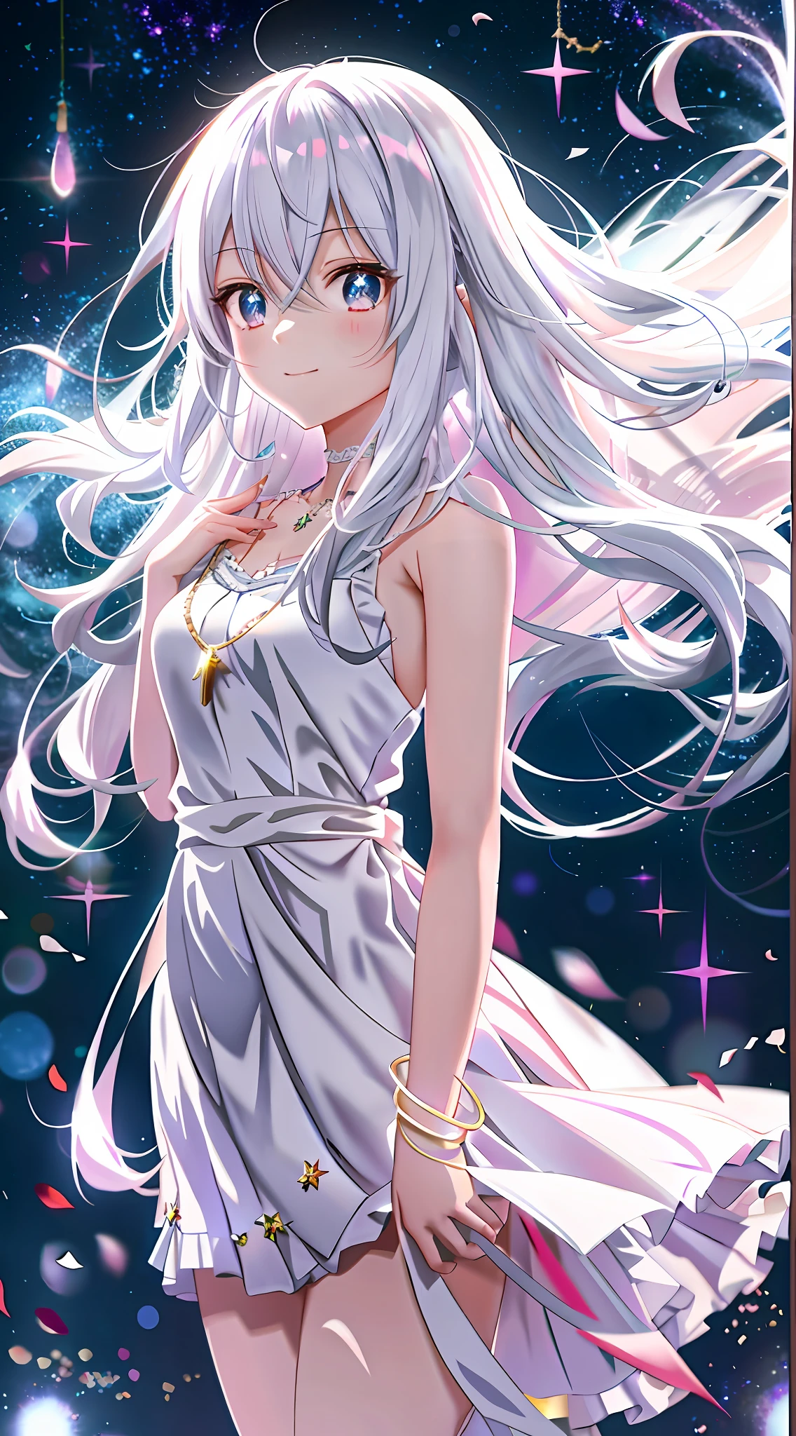 Anime girl in pure white dress standing in starry sky,She has long white hair,Long hair falling down,Black eyes,A white ribbon is tied around the waist,No jewelry on your hands,No necklace on the chest,Light smile,The hem of her skirt only reached to the knee,No shoes and socks,Bare legged,nightcore,animemanga girl, beautiful fantasy anime, Anime style. 8K, Beautiful anime girl, Beautiful anime artwork, Beautiful anime art, Beautiful anime, hd anime wallaper, anime wallaper, Anime wallpaper 4K