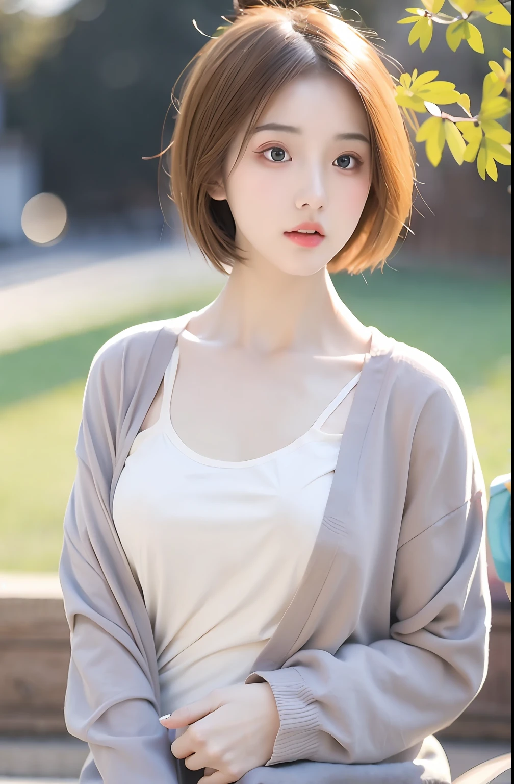 Incomparable masterpiece, perfect artwork, ((perfect female figure)), short hair, blonde hair, thin, realism, solo, (realism: 1.4), best quality, super high resolution, 1girl, porcelain, kpop ido, full body, gray cardigan, (C cup), beautiful, masterpiece, best quality, very detailed face, perfect lighting, solo, plain makeup, best quality, super high resolution, (realistic:1.4), super detailed, masterpiece, best quality, 👍 ulzzang -6500-v1.1
