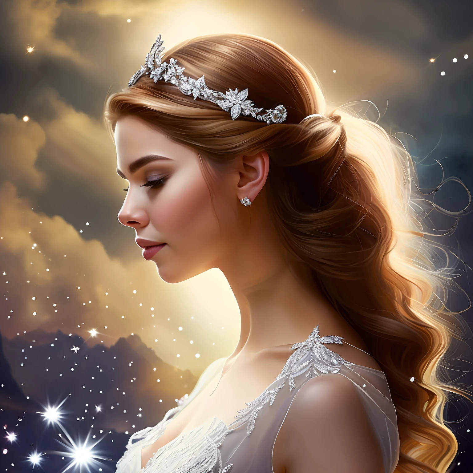 immerse yourself in the enchanting  of Prythian, where magic and wonder dance beneath a star-studded sky. At the heart of this breathtaking scene stands Feyre Archeron, adorned in a light blue gown that shimmers like moonlight ,The setting is the illustrious Starfall, a celestial event where faeries and mortals converge in a celebration of love and beauty. Feyre is positioned on a balcony overlooking the festivities, her face lifted towards the heavens. The vast expanse of the night sky stretches out before her, adorned with a multitude of twinkling stars that mirror the radiance within her eyes.in this wide-angle view, the artist captures the grandeur of the night, showcasing the sprawling gardens and delicate moonlit pathways that wind through the festivities. The atmosphere is ethereal, with soft, cool hues deftly capturing the otherworldly essence of the event.
Feyre's expression is one of awe and wonder as she takes in the breathtaking spectacle before her. Her  blonde hair, kissed by the moonlight, cascades down her back, framing her face like a crown. Her gown billows slightly in the gentle breeze, evoking a sense of movement and grace.The artist skillfully portrays the energy of the