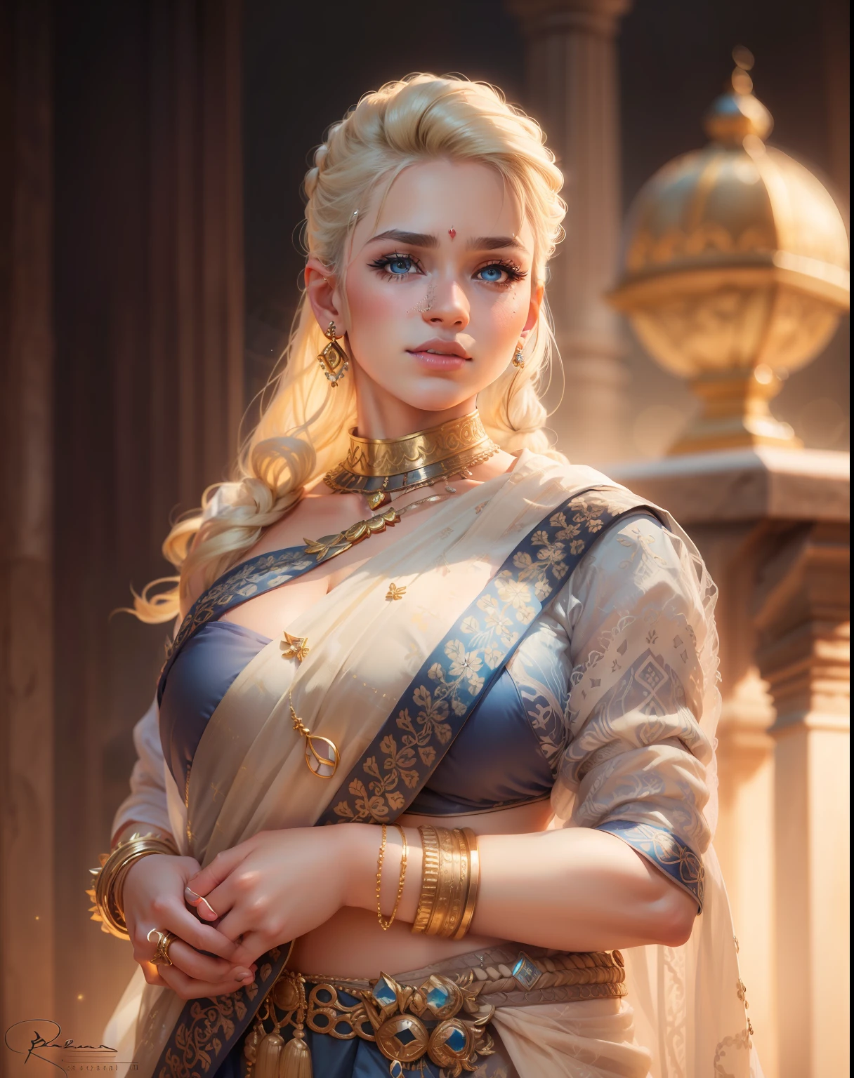 wear Saree criss cross sitting, a bindi on the center of the forehead, gorgeous royal temple, jewelry, gem, necklace, gold bracelet, anklets, thick lips, hands on lips, skindentation, parted lips, (detailed eyes), (seductive pose),  ulzzang-6500-v1.1, (large breast:1.2), , thick eyelashes, long eyelashes, light blonde hair, Ponytail, blue eye, 

HDR, shallow depth of field, broad light, backlighting, bloom, light sparkles, chromatic aberration, sharp focus, Nikon Z 85mm

unparalleled masterpiece, ultra-realistic 8k photos, best quality masterpiece, best quality, (photorealistic:1.2),  (realistic:1.5), (hyperrealistic:1.2),(photorealistic face:1.2)