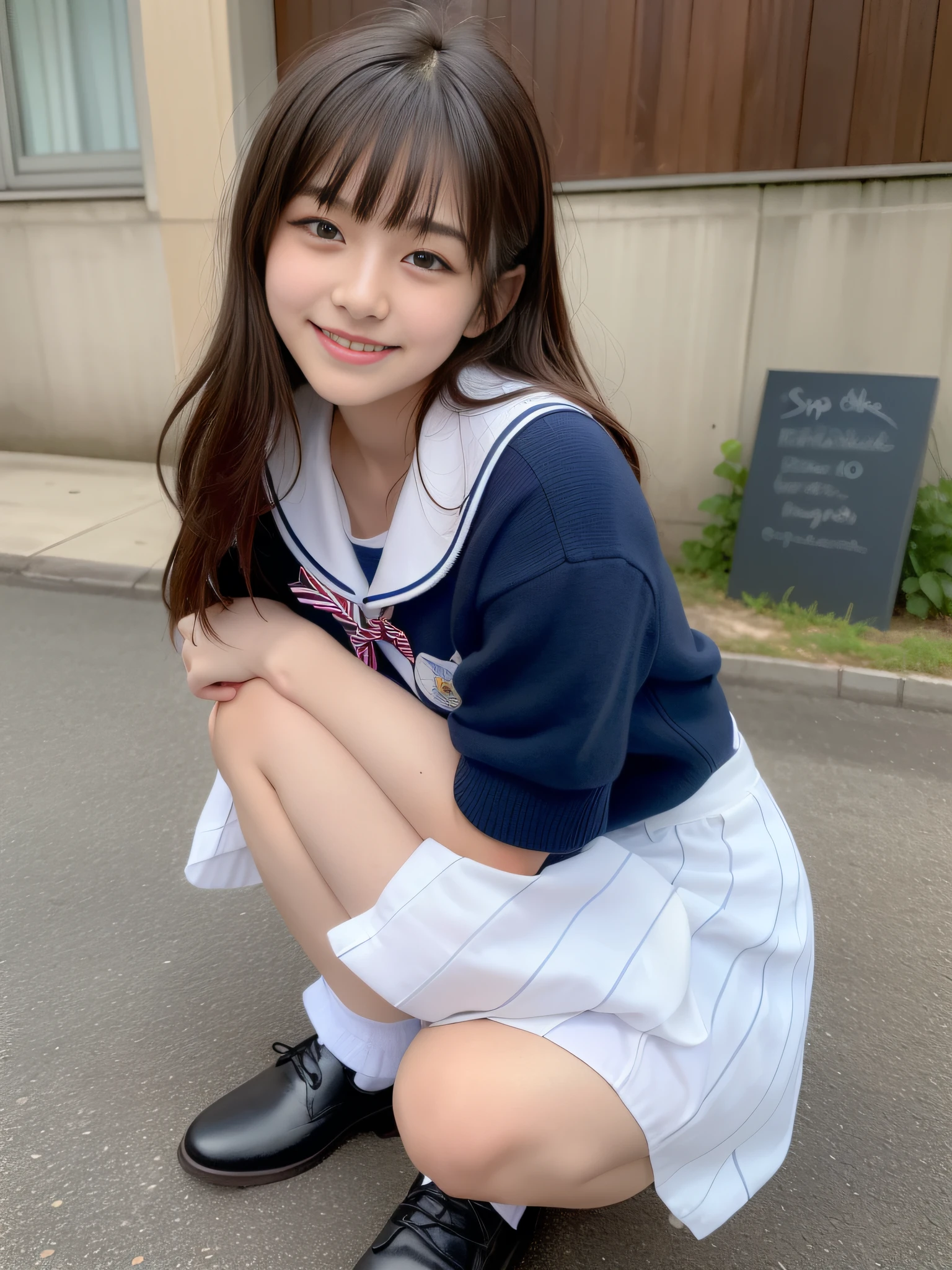 (masterpiece, top-quality:2.0), (超A high resolution), (Photorealsitic:1.4), foco nítido, (1girl in), (Smile at the person you like:1.5), finely eye, face perfect, Has bangs, hi-school girl (((a sailor suit、Dark blue pleated skirt、Dark blue high socks、Loafer shoes)))、cute little、sixteen years old、extra detailed face、Perfect face,School route、