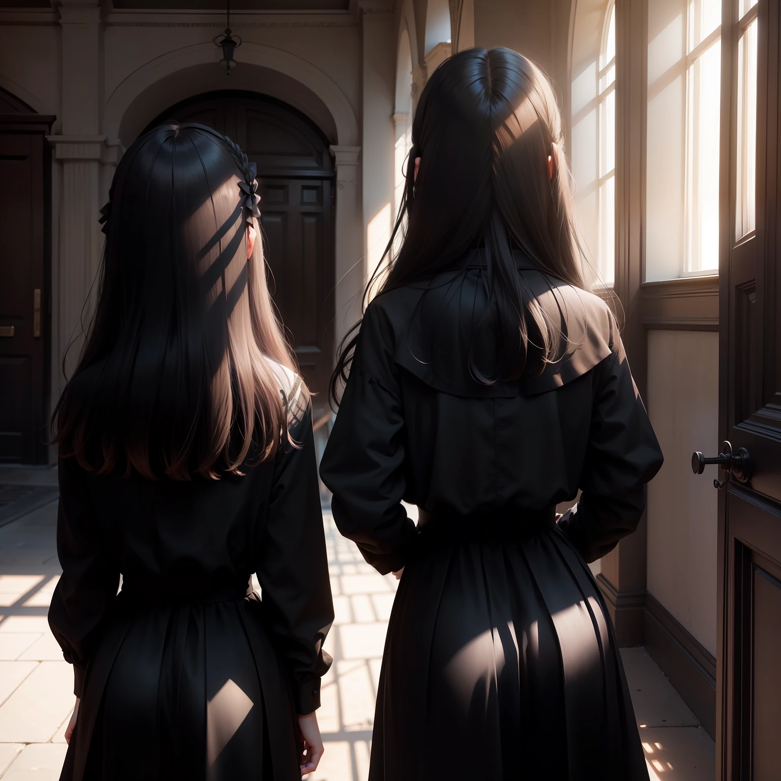 schoolgirls,whaite hair,Long black dress,Contre-Jour,Back Shadow,Holy Spirit