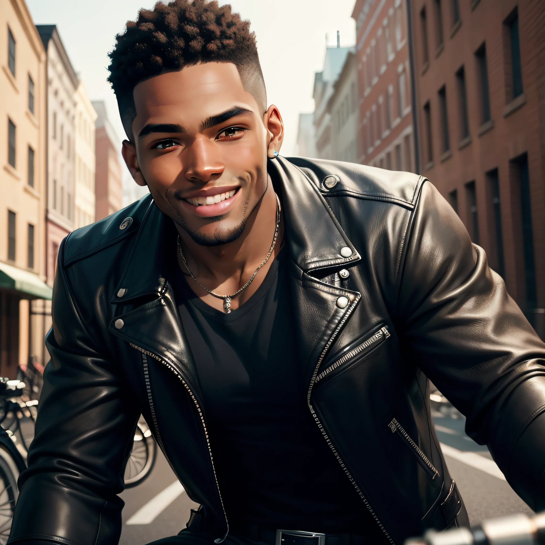 black man, head shot, in black leather jacket, on bike, looking at the camera, happy smile, big smile, 25 year old man , single man, attractive man, attractive male, black model, short brow hair, high res, , handsome male, brown-eyed man, realistic, natural light