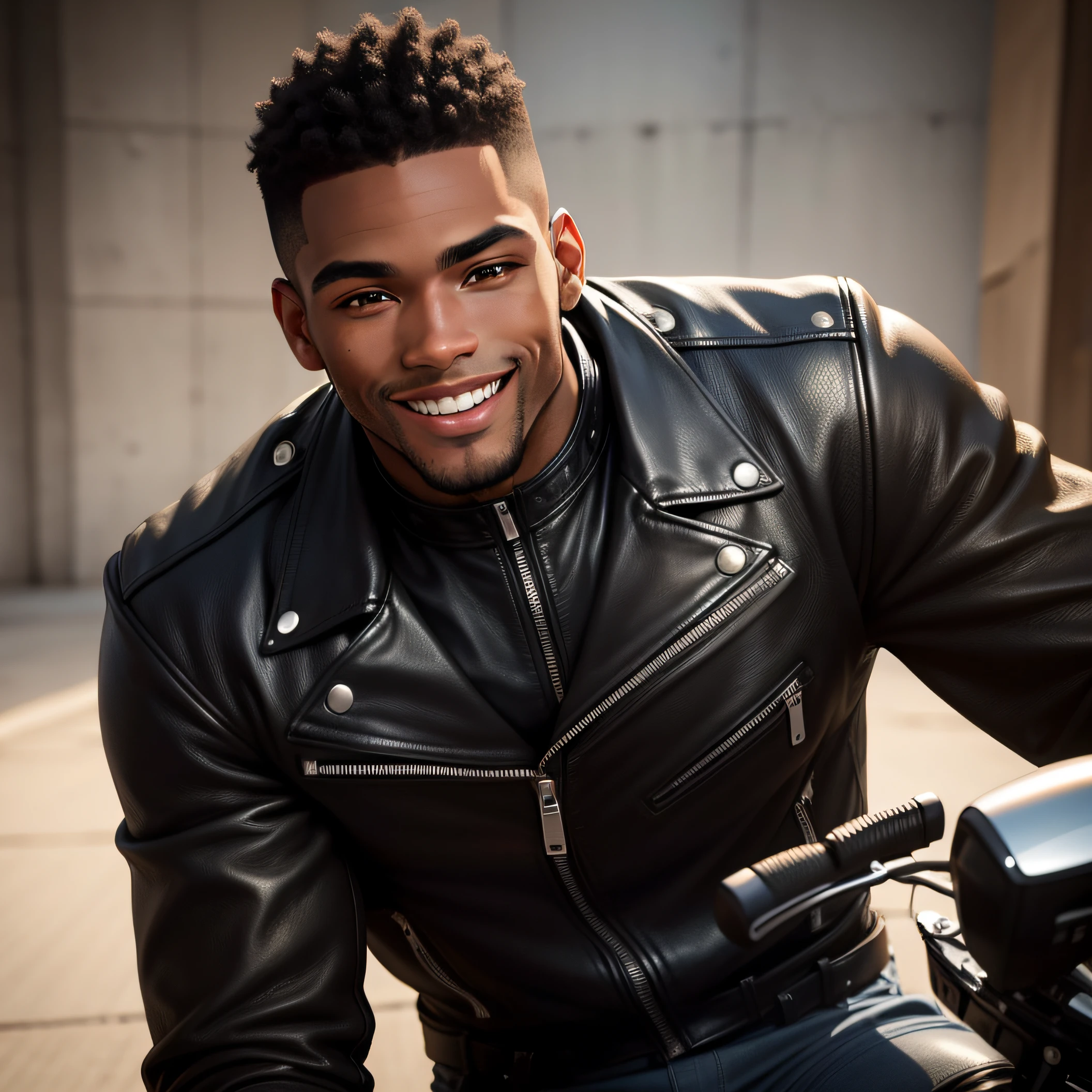black man, head shot, in black leather jacket, on bike, looking at the camera, happy smile, big smile, 25 year old man , single man, attractive man, attractive male, black model, short brow hair, high res, , handsome male, brown-eyed man, realistic, natural light