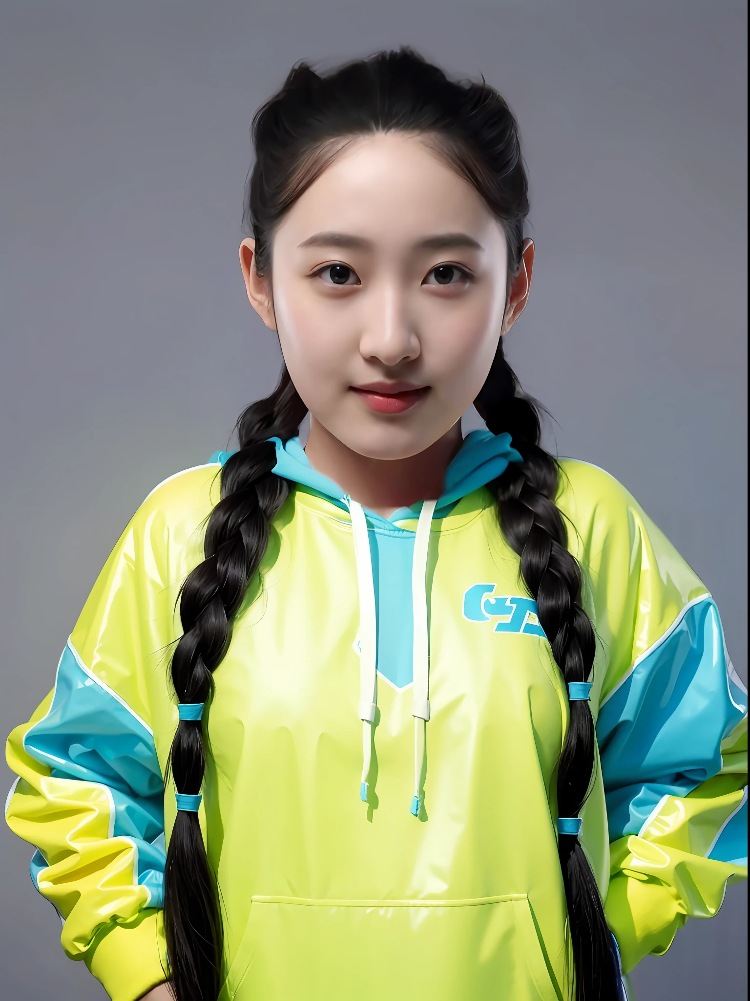 A Chinese high school girl，Wearing a cyan PVC sweatshirt，Plump body shape，long braid
