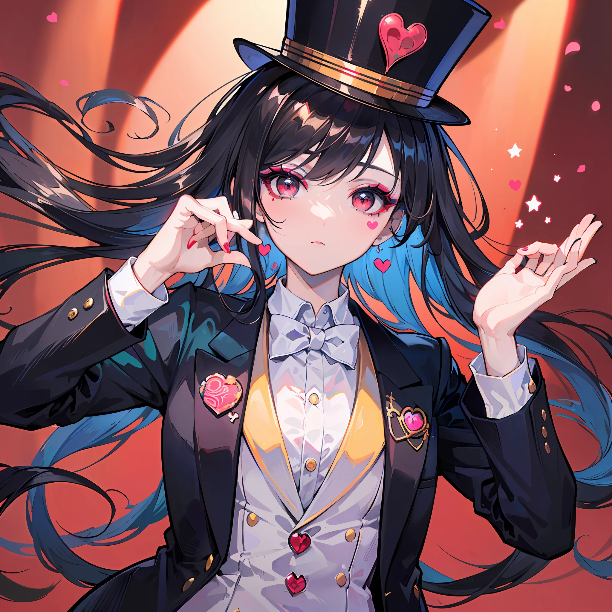 ((Masterpiece)), ((Best Quality)), ((Best Quality)), (Illustration of One Girl), Emerald Green Long Hair, (((Tall)), (White Skin), Red Eyes, Blue Eyeliner, ((Makeup with a heart symbol around the left eye)), ((Tuxedo)), (Top Hat)), Clown, (Circus)