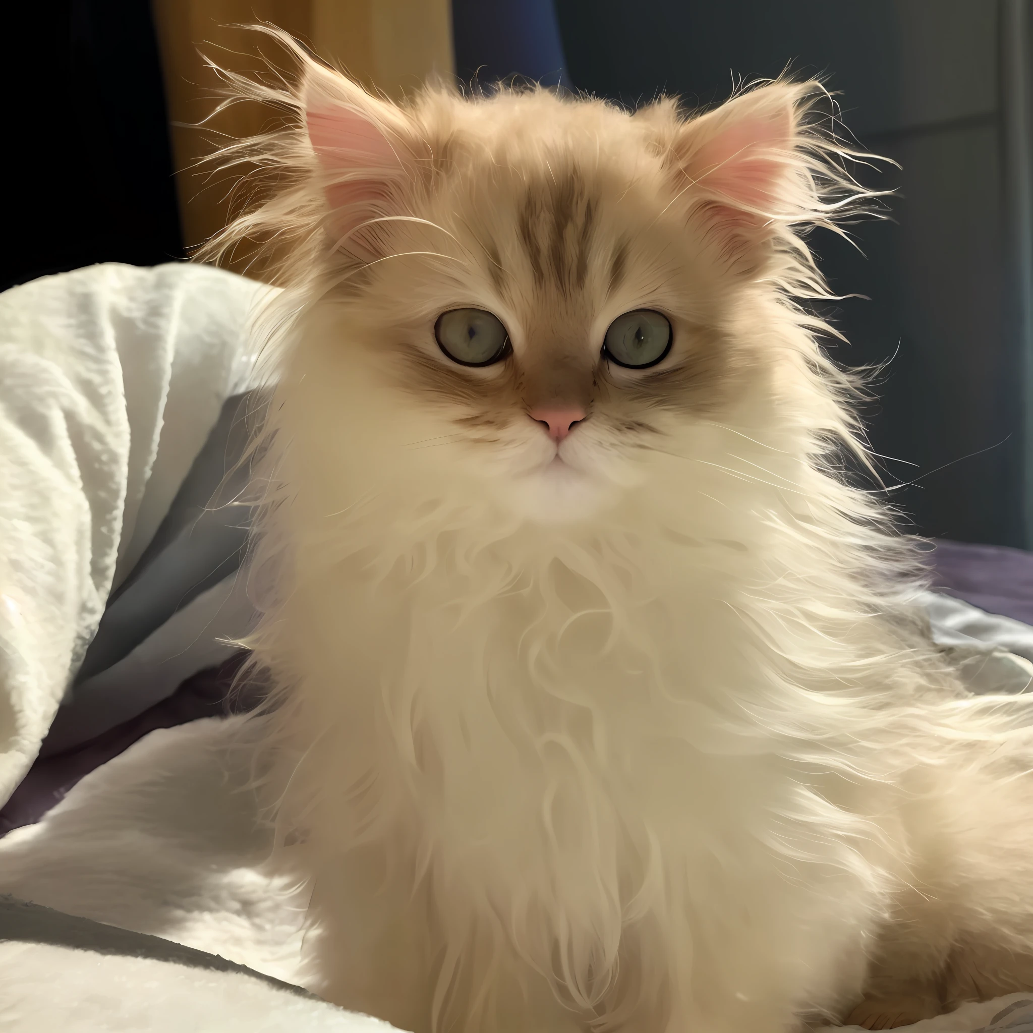 There was a furry man sitting on the bed,There were blankets, fluffy face, Soft fluffy, persian cat, Furry cat, The cat is fluffy, fluffy full of light, ethereal soft and fuzzy glow, a cute little cat, fluffly!!!, long - haired siberian cat, orange fluffy belly, persian princess, cute furry needs your help, fluffy mane, very fluffy