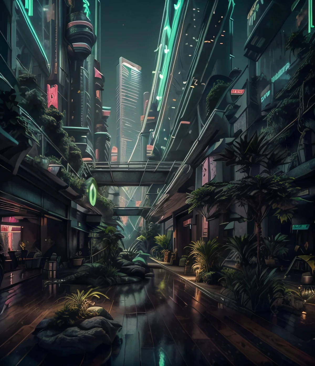 A photo of indoor garden, tropical garden, (minimalism style), lighten wood, indoors, exterior, trees, green architecture, lantern light, sand, bamboo, forest, architecture visualization, photography, 8k, masterpiece, ultra quality, (Meditation), relaxing, night light, no human, detailed garden scene of a neon lit (cyberpunk:1.4), futuristic garden, mir rendering, night