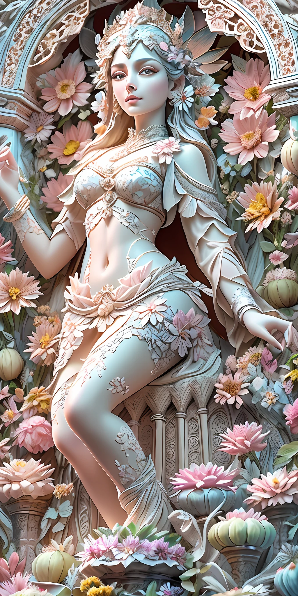 best quality, realistic, photorealistic, ultra detailed, "Mountain of Flower and Fruit+Fairy+Indian Architecture" highly detailed carving on "southern ice" porcelain,Ultra wide angle,Accent Lighting,Volumetric Lighting,backlighting, (detailed light),((an extremely delicate and beautiful)),dramatic_shadow,ray_tracing,hdr