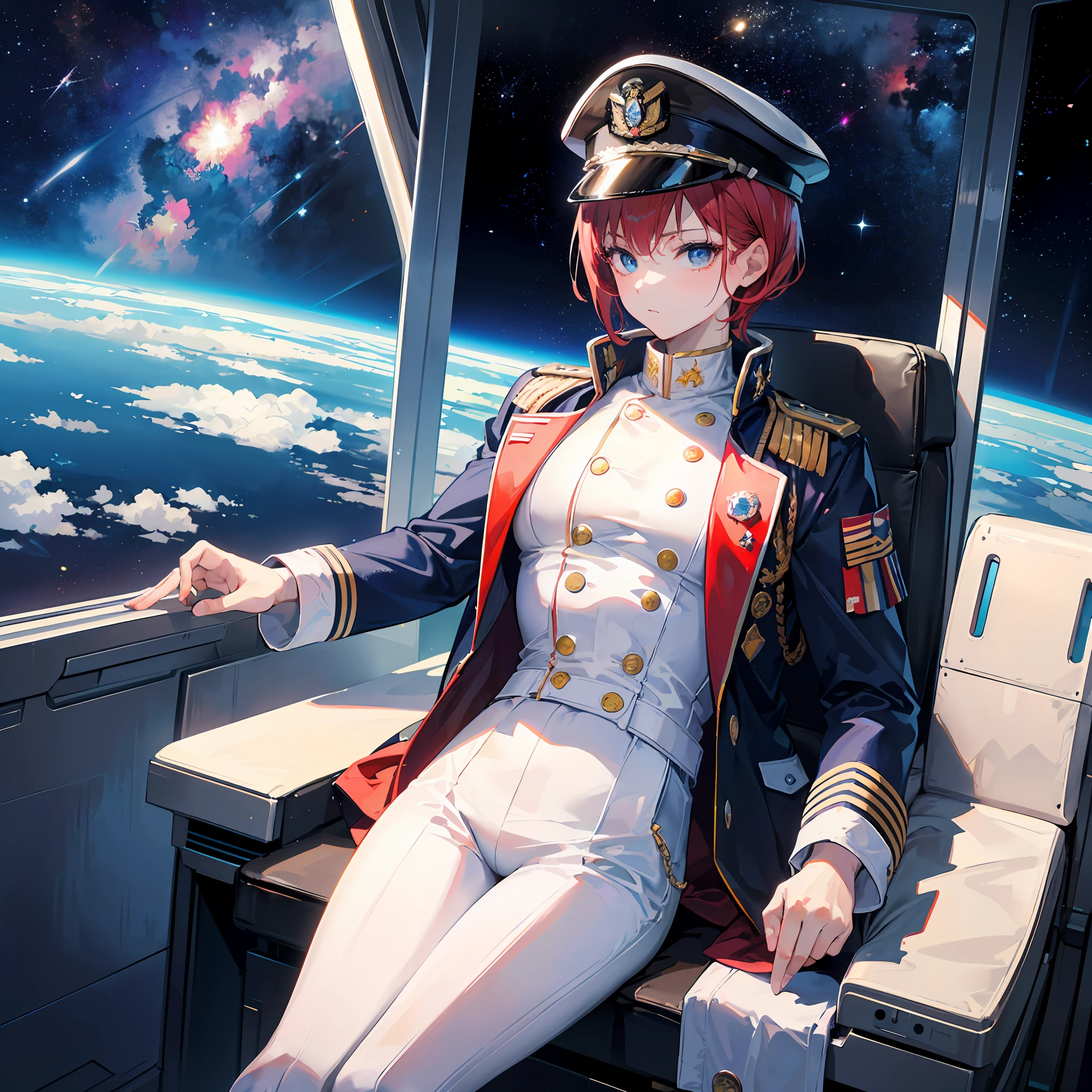 ((Masterpiece)), ((Highest Image Quality)), ((Best Quality)), (Illustration of One Girl), Full Body, 25 Years Old, Short Red Hair, (Thin Hair on Both Sides of Face), Blue Eyes, (((Tall)), ((Muscular Strong Body)), ((Manspreading)), Open Legs, (((Military Uniform)), (Military Hat)), (Military Coat)), (White Clothes), (White Pants), (White Hat), Trench Coat, ((Inside the spaceship, sitting in the captain's seat)), (outside the window, space, Earth seen from space, spaceport)