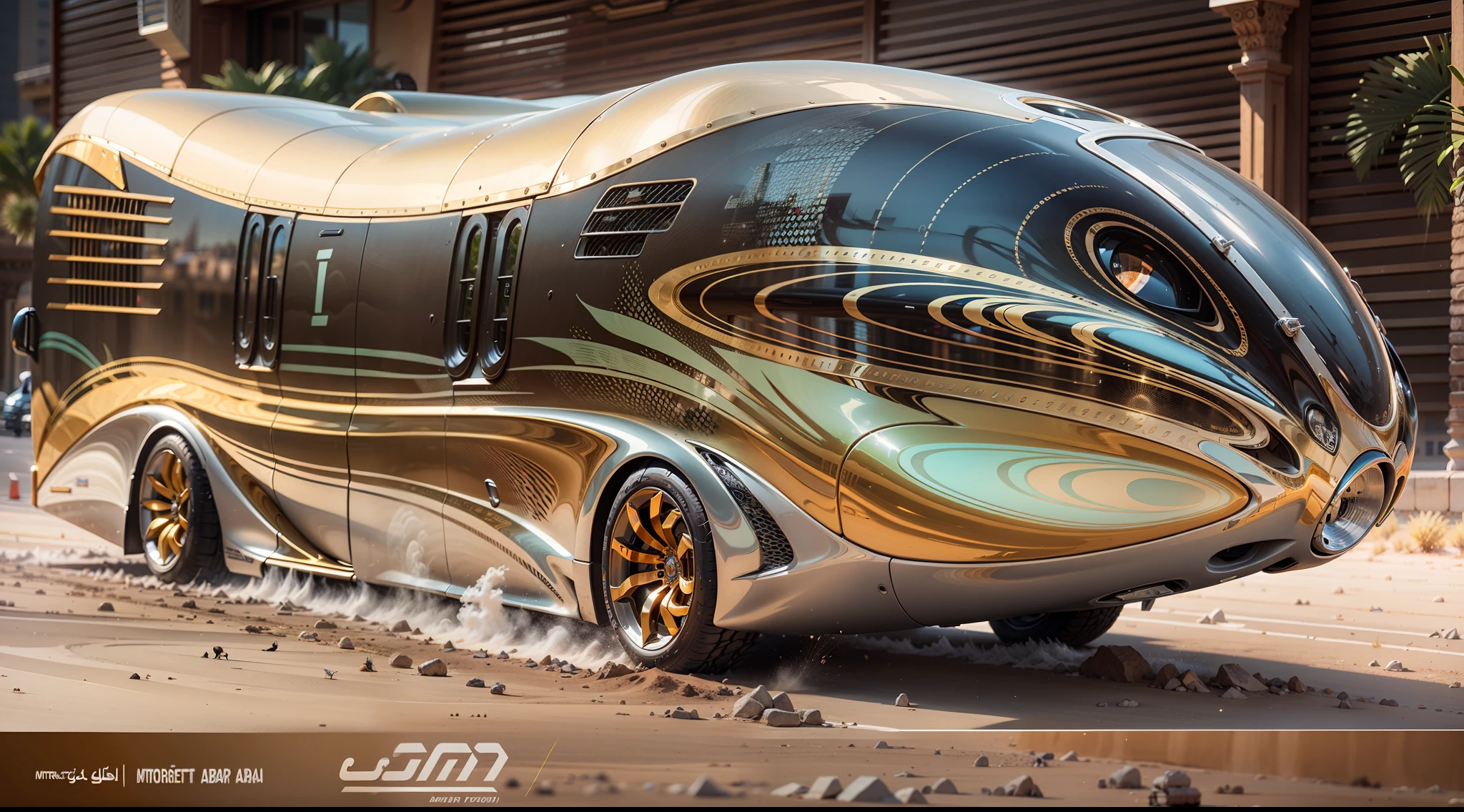 Arabian sci-fi luxury motorhome . A sci-fi fusion of Arabian luxury motorhomes,The entire body is covered with gold trim,inlaid gemstones,Arabic decorative motifs,A flat statue of a silver eagle adorns the front of the car,A large number of high-tech products,Streamlined,.The design is perfect, Combining high-tech and Arabian characteristics.The fuselage is streamlined, moving rapidly,The rear is slightly raised,Improve aerodynamic efficiency. . The body is dominated by gold, Bold, white and black. It may also have Arabic inscriptions on its body,More visible on the road。Under the light, It shows a more luxurious effect, Add a sense of technology to luxury motorhomes. . The background may be in the desert outside the future Arab megacities,Perfectcomposition,the detail,The light and shadow work best,HighestQuali,tmasterpiece