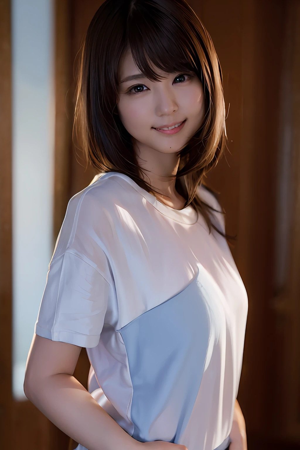 (8k、RAW Photography、top-quality、masterpiece:1.2)、(realisitic、Photorealsitic:1.37)、ultra-detailliert、超A high resolution、女の子1人、see the beholder、beautifull detailed face、a smile、Constriction、(slim waist) :1.3)、The shirt、Beautiful detailed skin、Skin texture、floated hair、profetional lighting、Idol groups