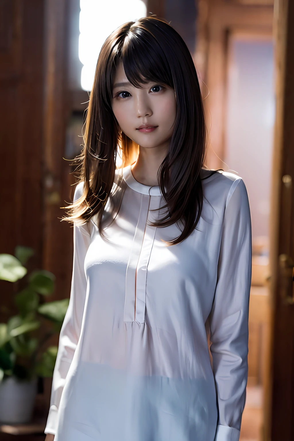 (8k、RAW Photography、top-quality、masterpiece:1.2)、(realisitic、Photorealsitic:1.37)、ultra-detailliert、超A high resolution、1人、see the beholder、beautifull detailed face、a smile、Constriction、(slim waist) :1.3)、The shirt、Beautiful detailed skin、Skin texture、floated hair、profetional lighting、Idol groups