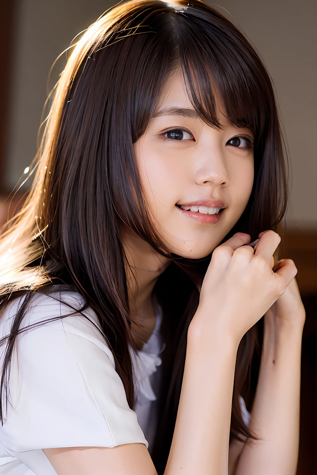 (8k、RAW Photography、top-quality、masterpiece:1.2)、(realisitic、Photorealsitic:1.37)、ultra-detailliert、超A high resolution、1人、see the beholder、beautifull detailed face、a smile、Constriction、(slim waist) :1.3)、The shirt、Beautiful detailed skin、Skin texture、floated hair、profetional lighting、Idol groups