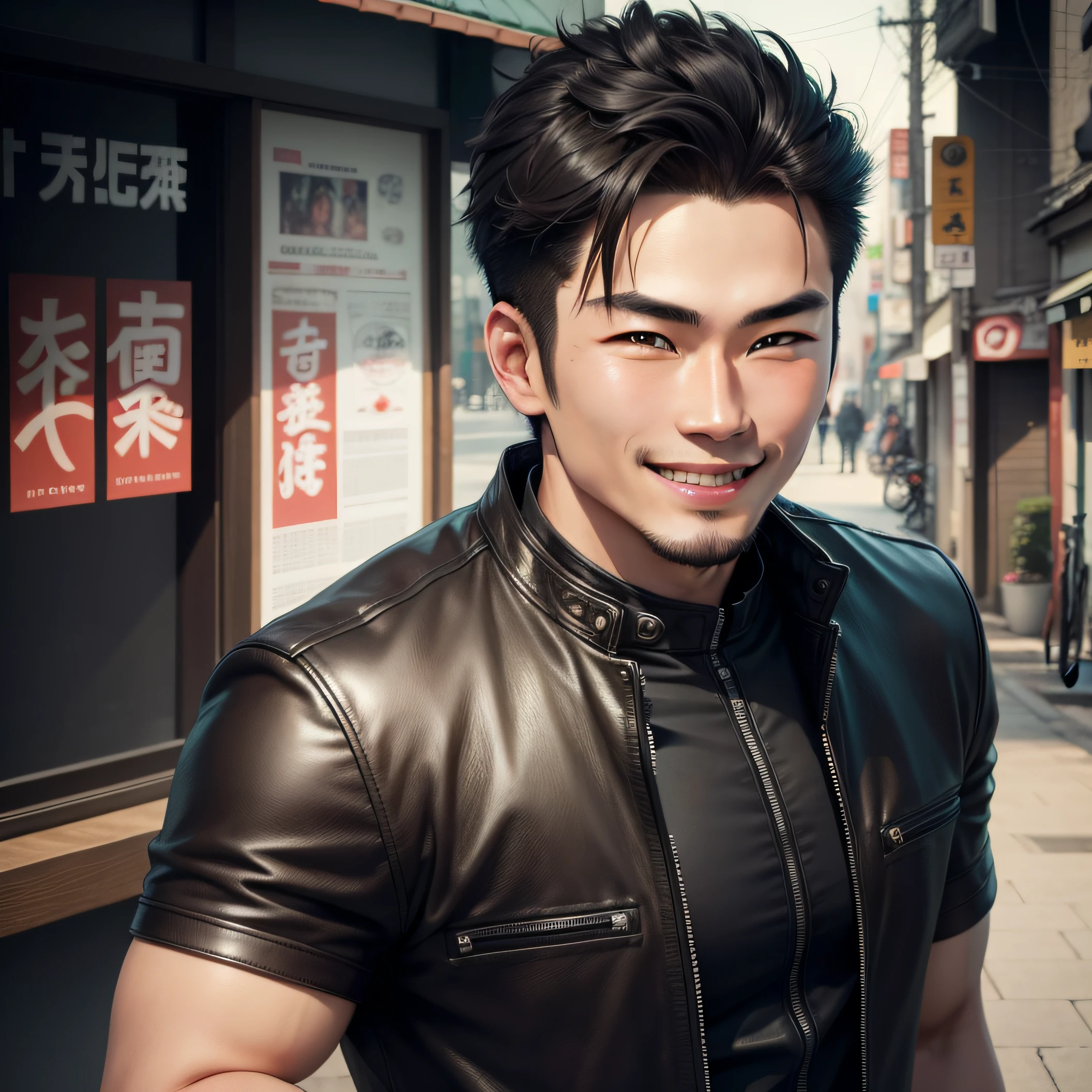 Japanese man, head shot, in black leather jacket, on bike, looking at the camera, happy smile, big smile, 25 year old man , single man, attractive man, attractive male, Japanese model, short brow hair, high res, , handsome male, brown-eyed man, realistic, natural light