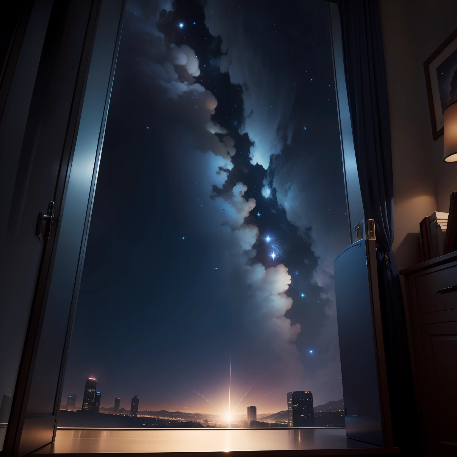 Blue and black sky with shining stars outside the window