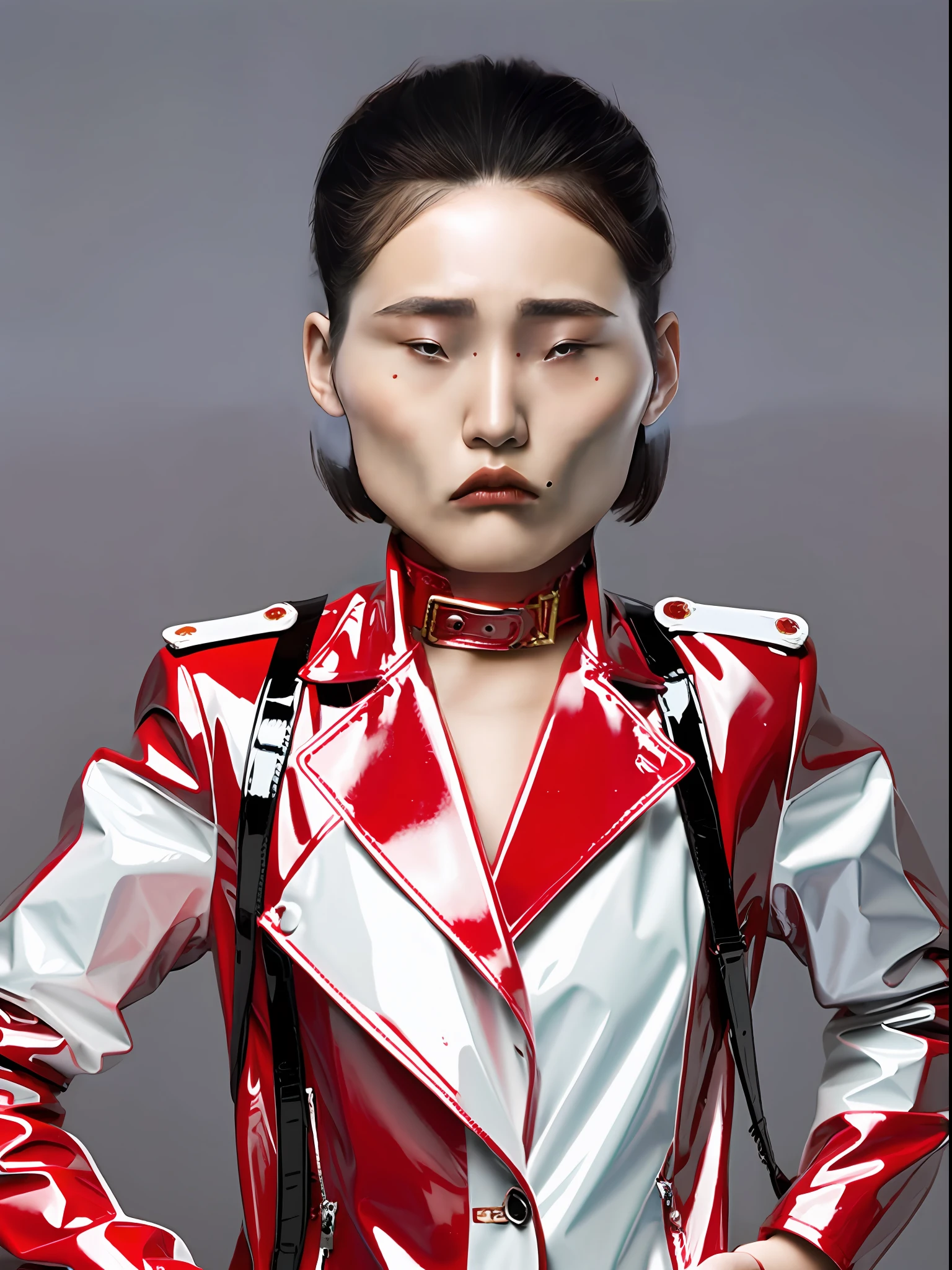 A Chinese high school girl，Wearing a red PVC blazer，Plump body shape，Capable short hair