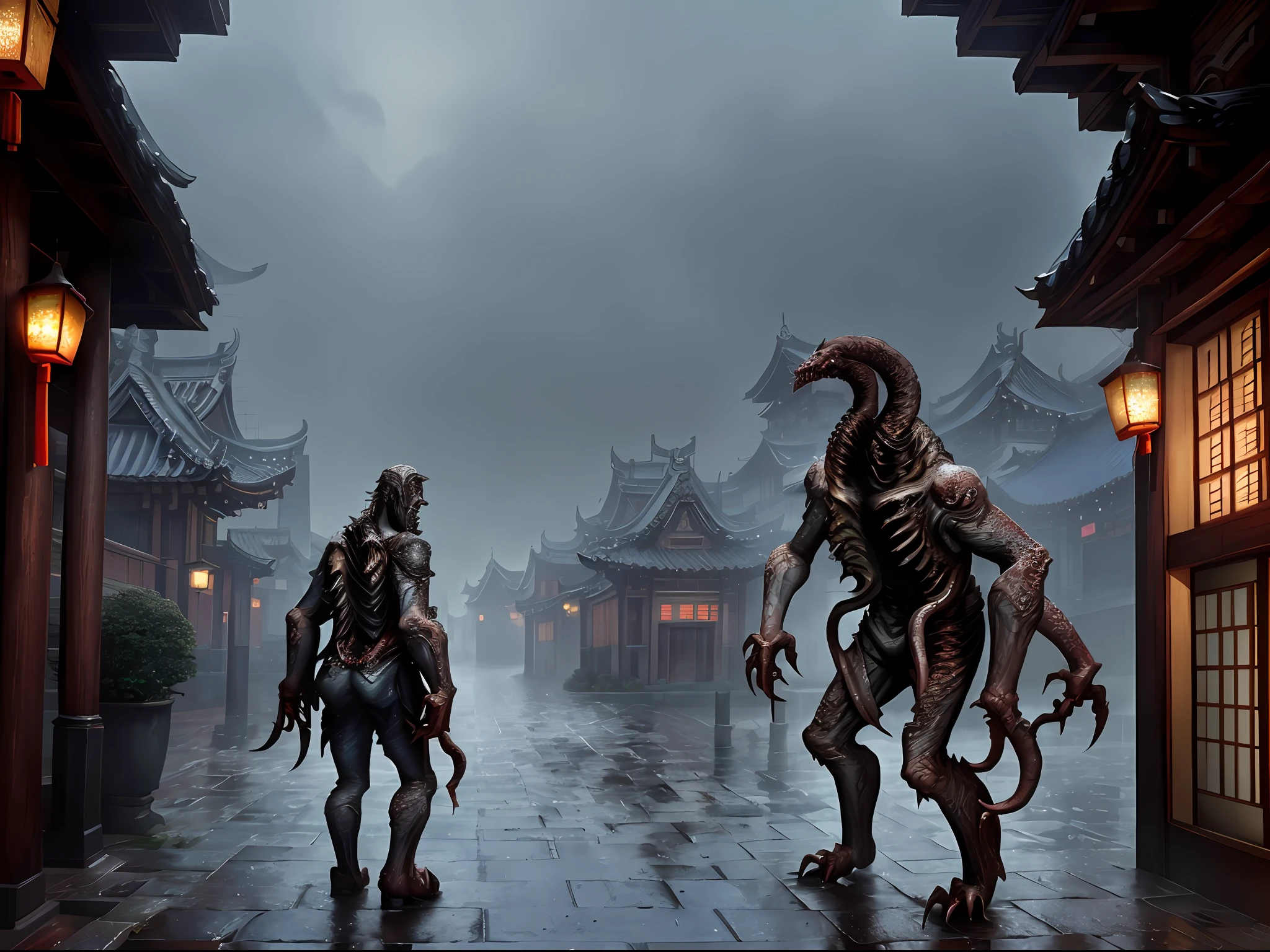 Photorealista, hightquality, masterpiece, Film composition, (Towns and monsters),Rough village with many lights on the buildings々Nice view, (grotesque monsters,There are monsters in town,Monsters are hiding),dreamy Chinese towns、Chinese Village、amazing wallpapers、Japan、Japan Village、Ultra-realistic town photos、Old Asian Village、japanese city,By Raymond Han、rainy evening、Futuristic Chinese castle、beautifully lit buildings、Evening in the rain、Beautifully Aesthetic、a picture、film like、8K、high detal ((Heavy rain)))