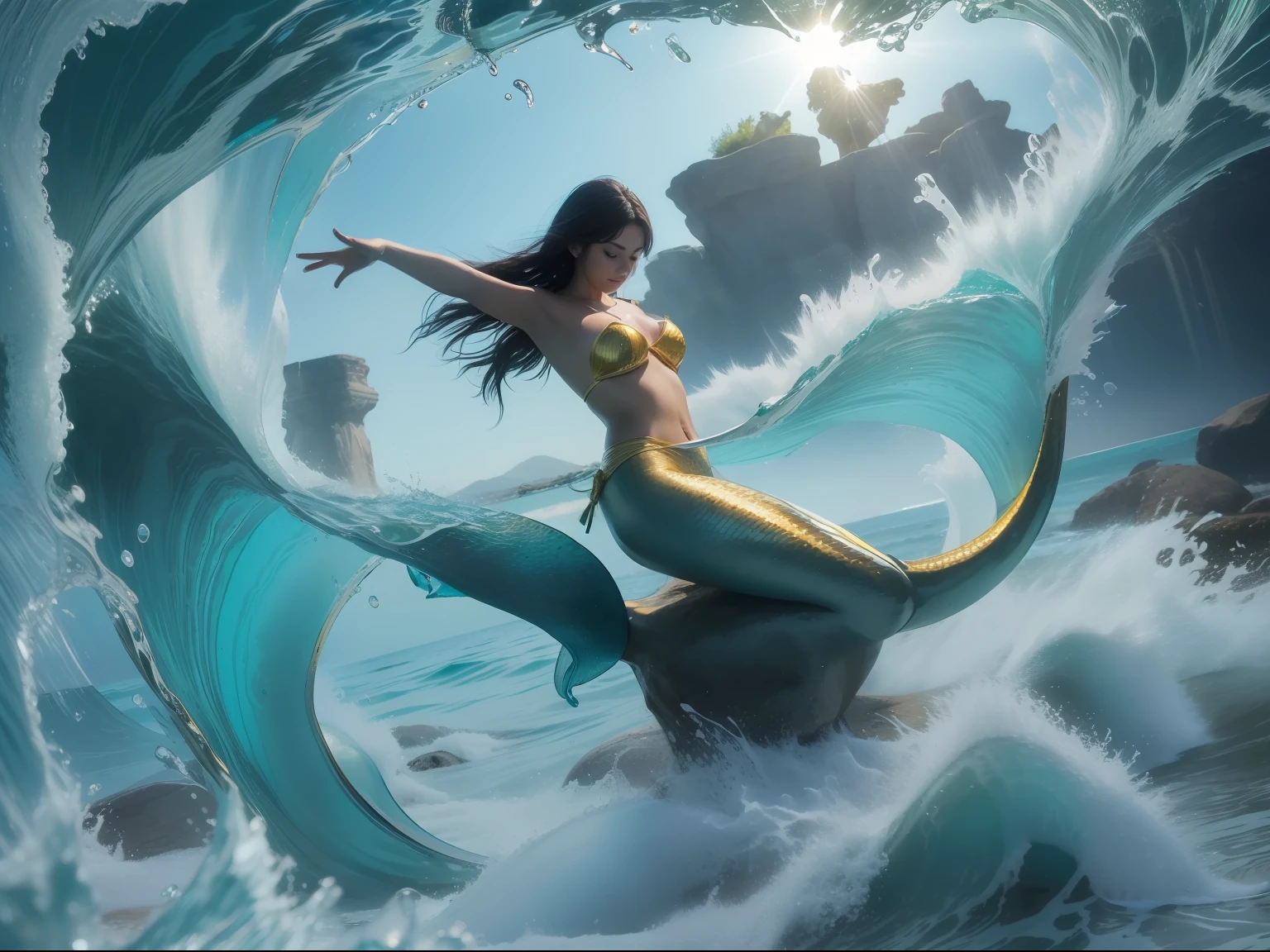 A beautiful mermaid on a rock in middle of rough waters unleash the power of water, she rise the hand creating an arch of whips of water, where the sunlight reflects. Mermaid with golden bikini top, golden cauda. Photography.