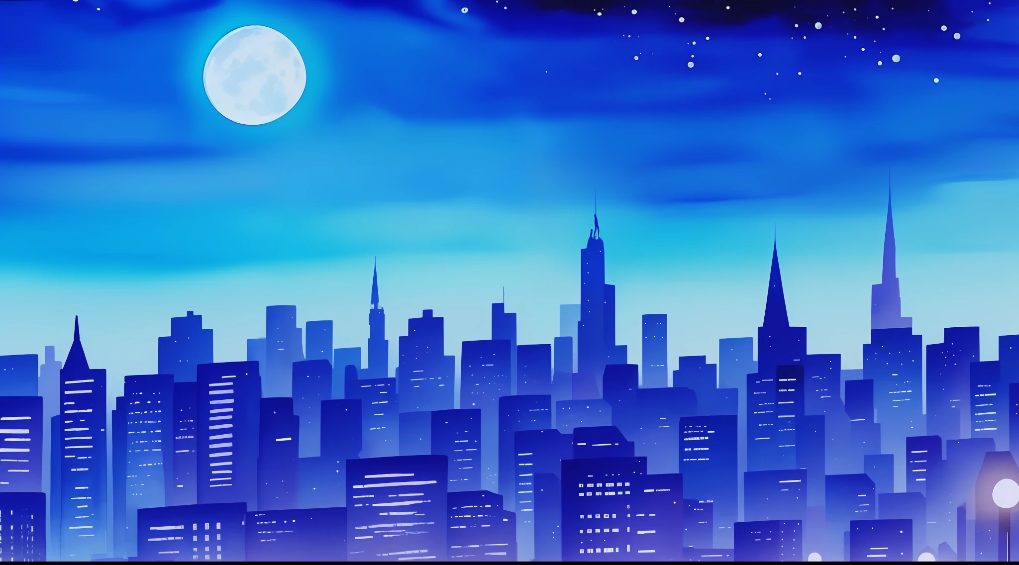 One woman looking at city at night illuminated by fantastic cobalt blue neon lights from the roof of a building, moon, watercolor painting