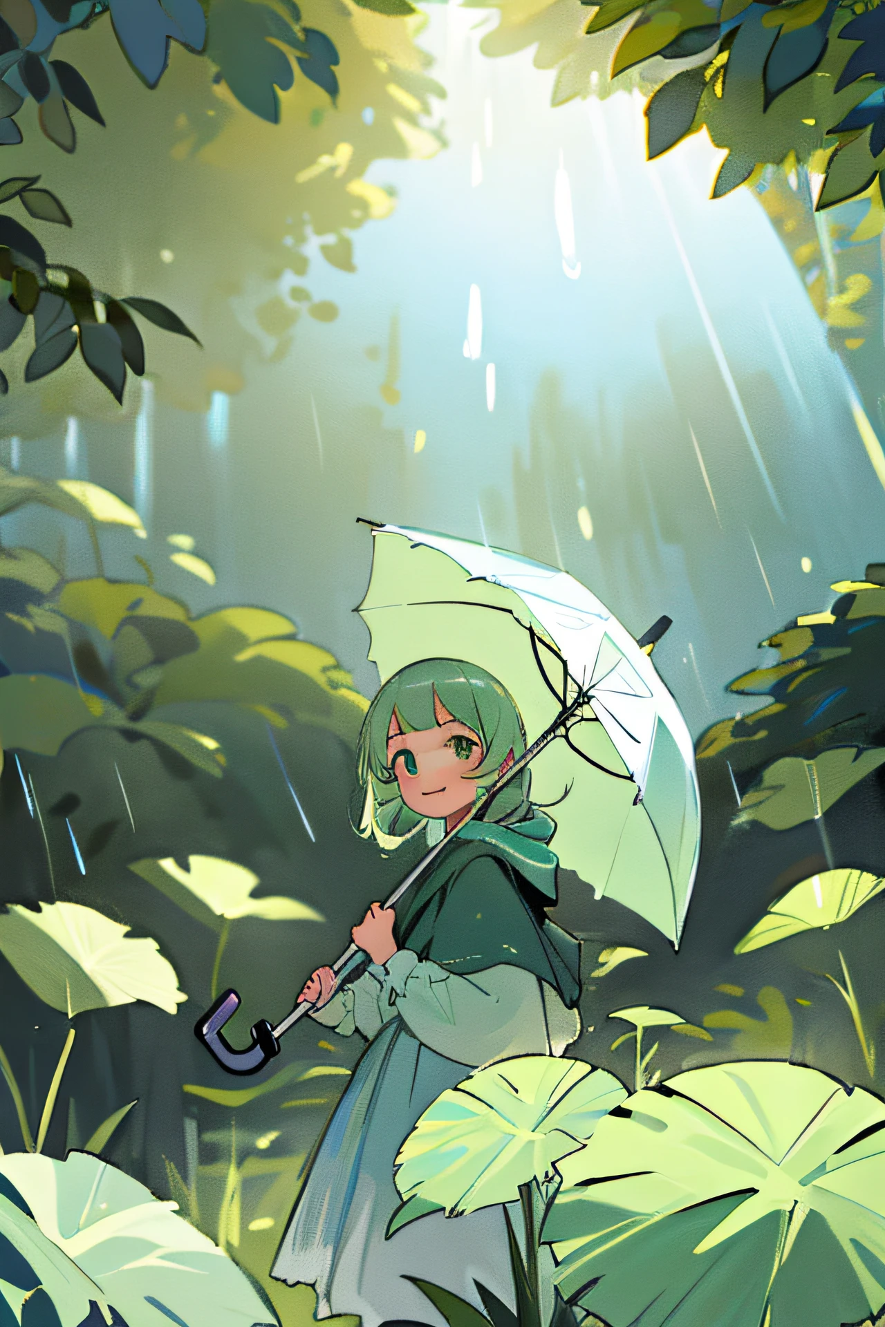 masterpiece,best quality,ultra detailed background,
BREAK
light colors,daylight,focus on girl,depth of field,translucent layers, Blending with Plants, fluid textures, subtle hues, organic forms, poetic atmosphere,
BREAK
Smiling little girl holding umbrella, severe rain,dynamic angle
BREAK
 Droste_Effect