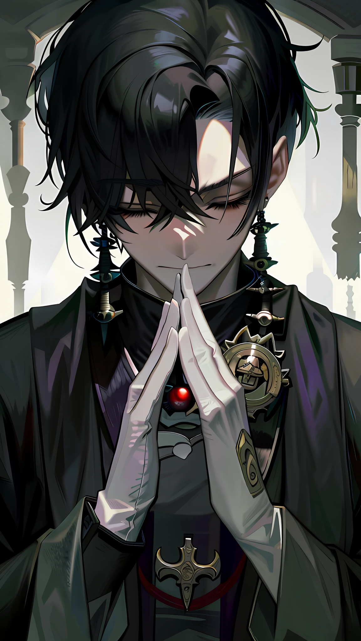 With his eyes closed,The light from the back window is backlighted,toplight,A close-up of a man holding a rosary in his hand, handsome guy in demon killer art, handsome japanese demon boy, Beautiful androgynous prince, Guviz-style artwork, Delicate androgynous prince, Guviz, male anime character, inspirado em Okumura Masanobu, anime wallaper, beautiful male god of death