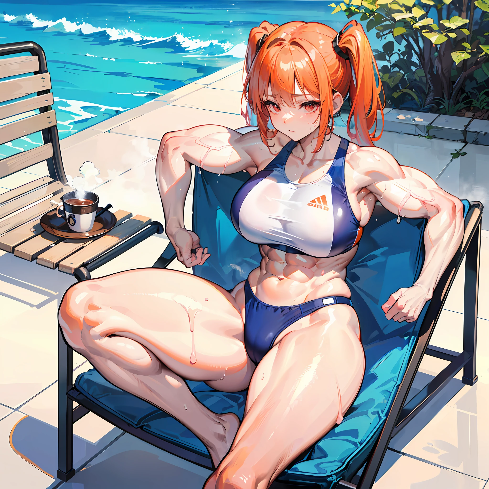 ((masterpiece))、((Top image quality))、((top-quality))、(((Illustration of one woman)))、(((Muscle Girl)))、full body Esbian、((30-years old))、((neuter))、((twin tails with orange hair))、Red Eyes、((Long body))、(((perspiring)))、((Steam wafting all over the body))、((Body wet with sweat))、(((Muscular and strong body)))、((Split abs))、(((muscular and thick arms)))、(((muscular and thick thighs)))、((manspreading))、((Sports Swimwear))、Sitting on a deck chair、in poolside