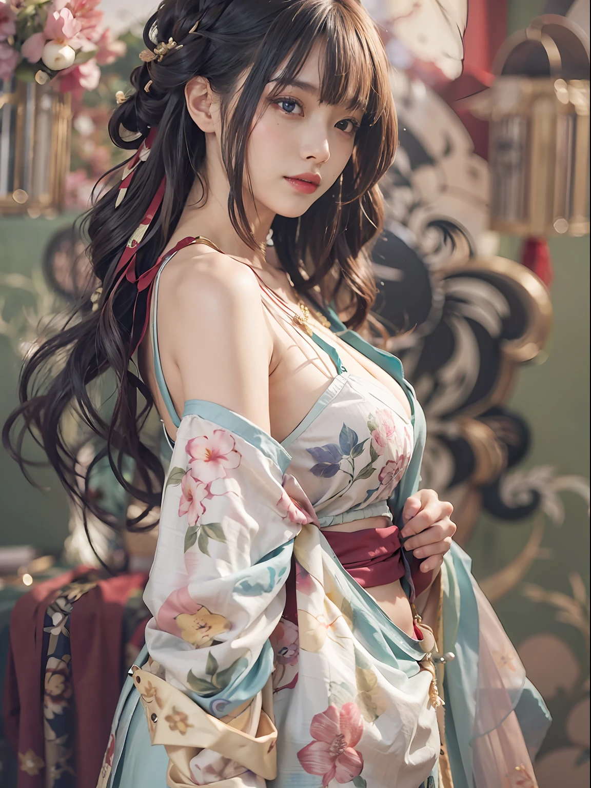 ((Best picture quality, 8K, tmasterpiece:1.3)),Realistis,Surreal style,Real photos,Exquisite background,detailed back ground, ,1girll, Beautiful woman with slender abs:1.3, (Casual hairstyle:1.2),Hairline,intricate detailed clothes , Fine fine skin,Details of the skin,messy hair,Ultra-fine face, A detailed eye, 二重まぶた,is shy,dynamicposes,ssmile,Hanfu,Slip dress,huge tit,From the side Side,Full body like,
