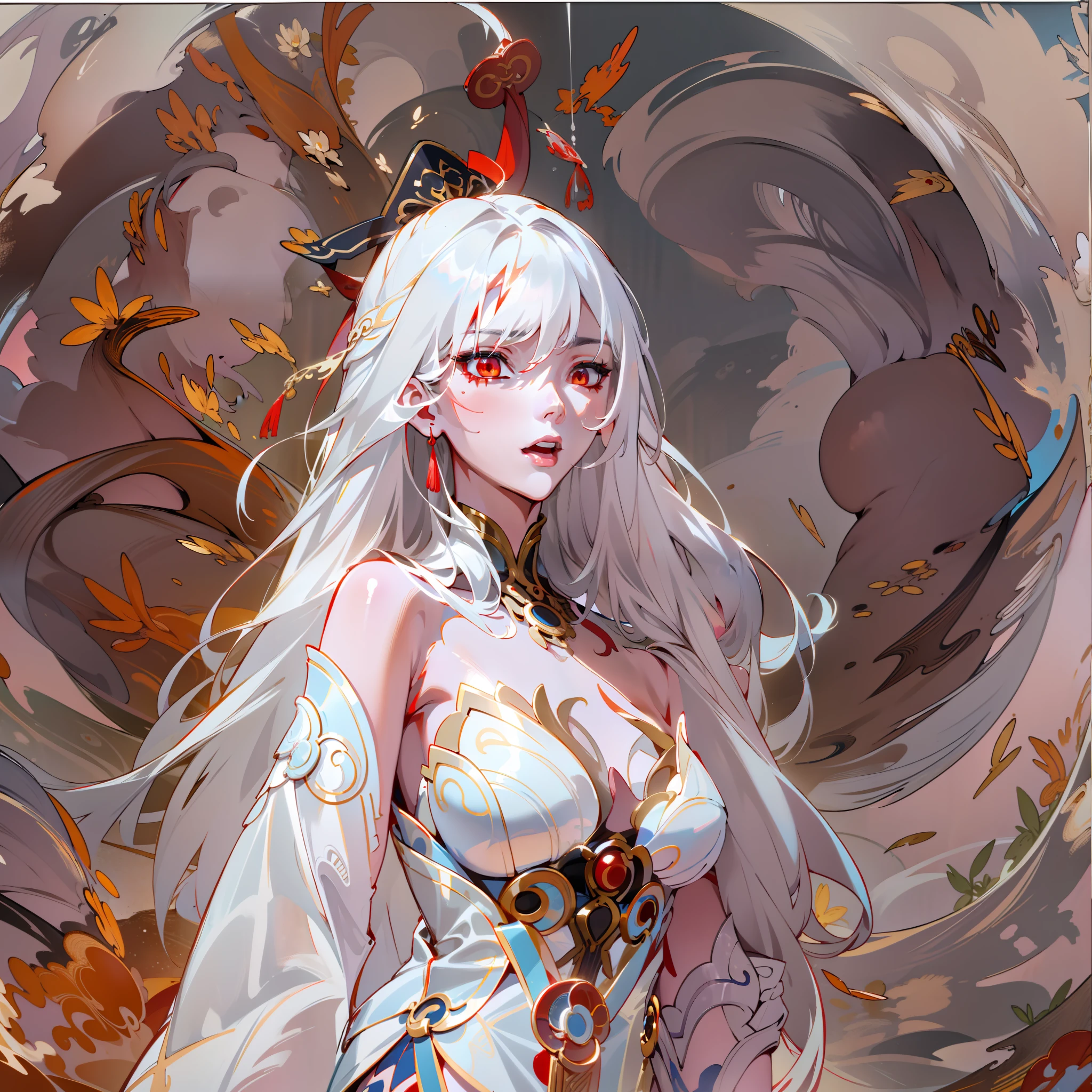 jingliuV4，Unbeatable masterpiece, extraordinary, Incredible, Exquisite, Perfect artwork, perfect women figure, Perfect anatomy, Unique, red color eyes，long  white hair，arm behind back