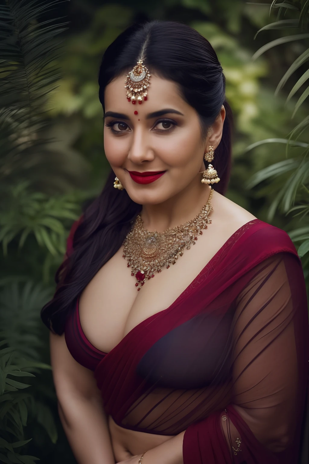 day scene, extreme close up photo of naked (Jaya Prada:0.1) from top view, big cheeks, red Hollywood lips, nipples see through black saree, huge breasts, posing near shrub in a garden, hourglass figure, armpits, (blue eyes:1), ponytail, necklace, 30 yo, look at viewer and smile, (cinematic:1.3), intricate details, (ArtStation:1.2)