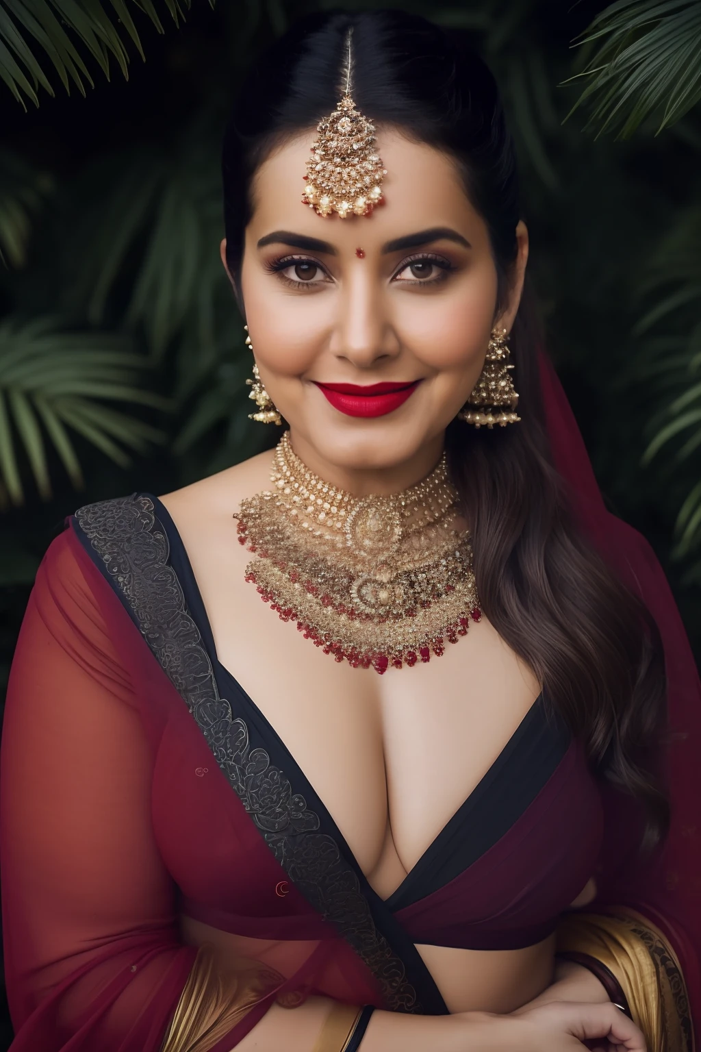 day scene, extreme close up photo of naked (Jaya Prada:0.1) from top view, big cheeks, red Hollywood lips, wearing see through black saree, huge breasts, posing near shrub in a garden, hourglass figure, armpits, (blue eyes:1), ponytail, necklace, 30 yo, look at viewer and smile, (cinematic:1.3), intricate details, (ArtStation:1.2)