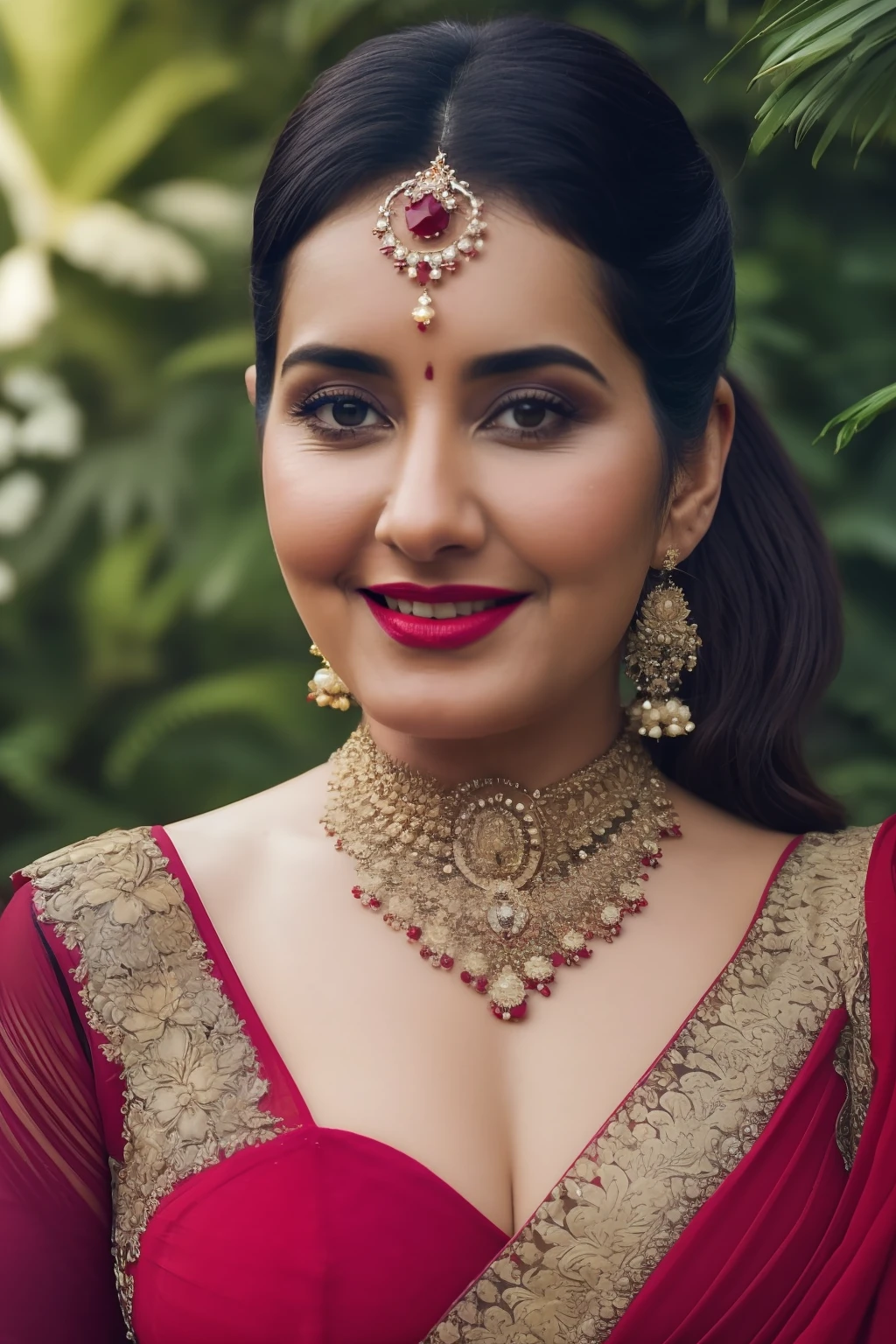 day scene, extreme close up photo of naked (Jaya Prada:0.1) from top view, big cheeks, red Hollywood lips, wearing see through black saree, huge breasts, posing near shrub in a garden, hourglass figure, armpits, (blue eyes:1), ponytail, necklace, 30 yo, look at viewer and smile, (cinematic:1.3), intricate details, (ArtStation:1.2)