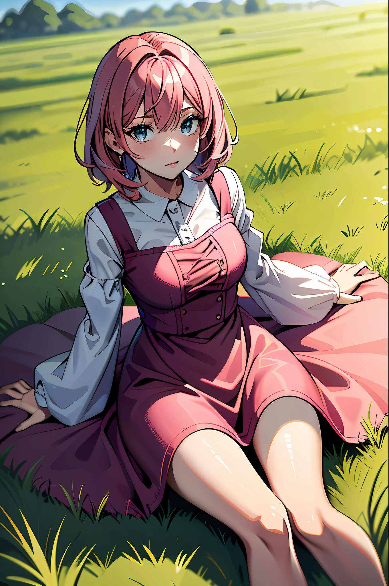 1female，grassy fields，Skysky，Short method，A pink-haired，dress，obliques，gentle，Light blue eyes