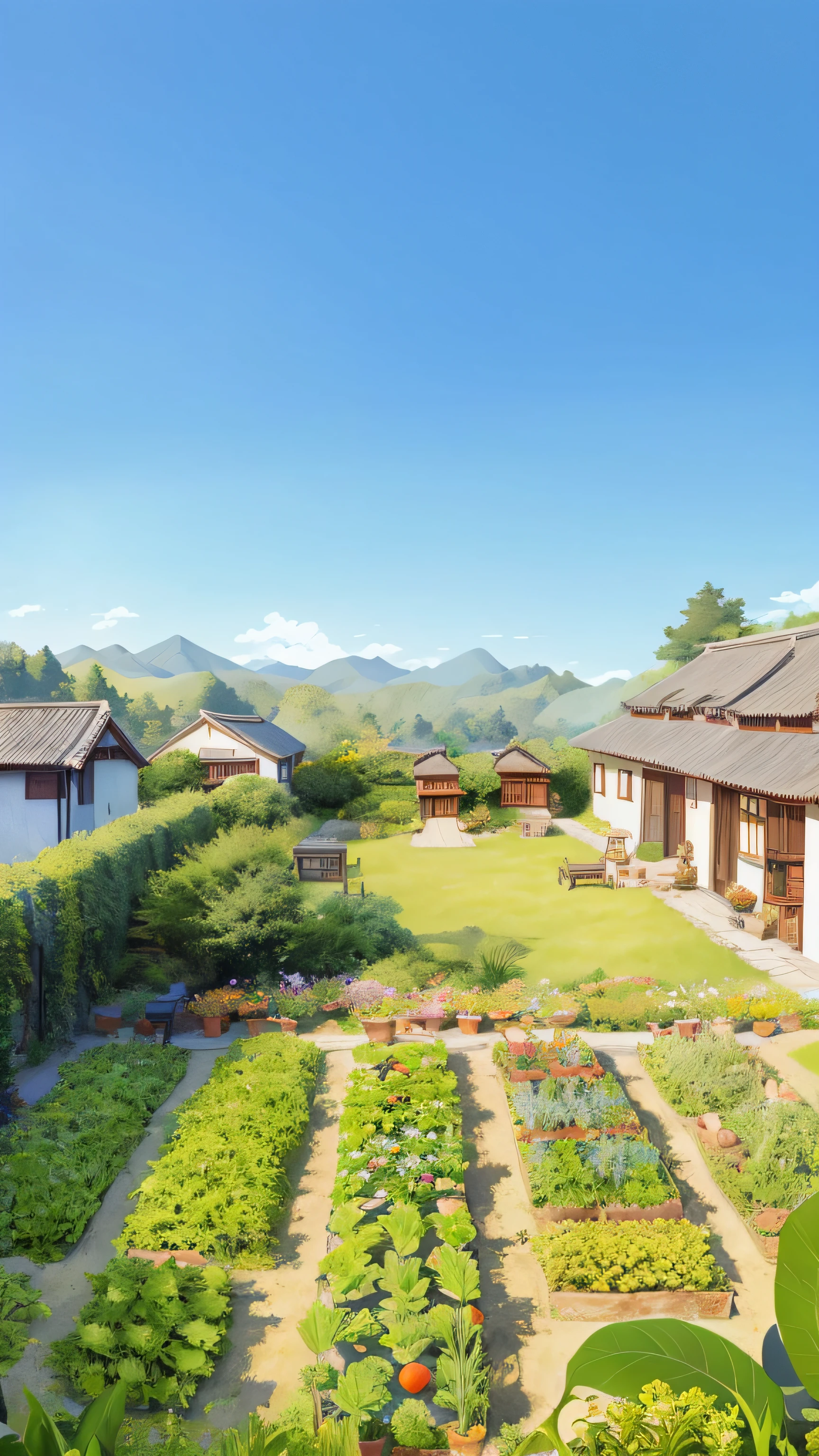 Chinese village house style in the 80s,Rural cottage,The front yard is a vegetable garden,It is full of vegetables and melons,with a garden, above lush garden and hot spring,soothing and cozy landscape, cozy and peaceful atmosphere, wonderful masterpiece, cottagecore!!, Peaceful environment, Lush surroundings,lush garden in the background, Inspired by the digital paintings of Guido Borrell da Caluso, deviantart contest winner, naive art, soothing and cozy landscape, idyllic cottage, , tomas kinkade., peaceful scene,Works of masters,Anime background art,ghibli studio art,