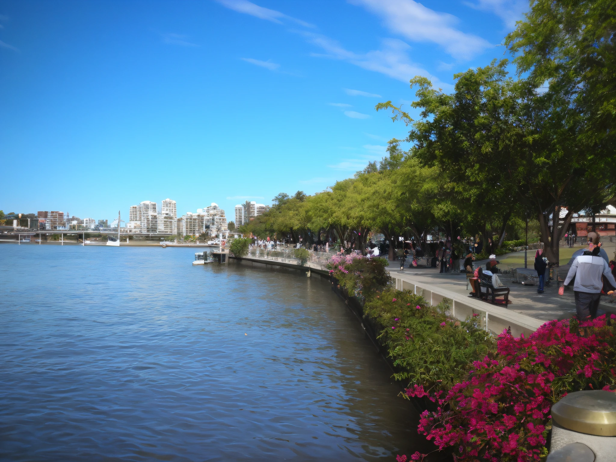 There are people sitting on benches at the water's edge in the park, Vancouver, Riverside, shoreline, Walking, lakeside, Bustling, Water channels, where a large, at the waterside, Flowers around, around the city, Walk, Savannah, full resolution, rare, River, rivers, gold coast australia, View, version 3, An antique one, and the sun was shining brightly，More clouds，Oil painting style
